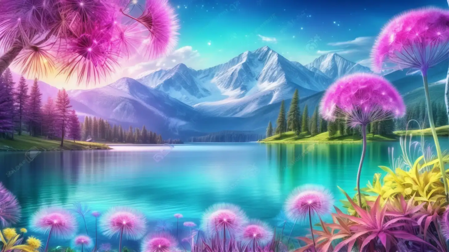 Bright palm leaves and Magical fairytale. Glowing dandelions with pink and Green and Blue. Purple. Bright-yellow. Magical Fairytale trees. bright lake and mountains