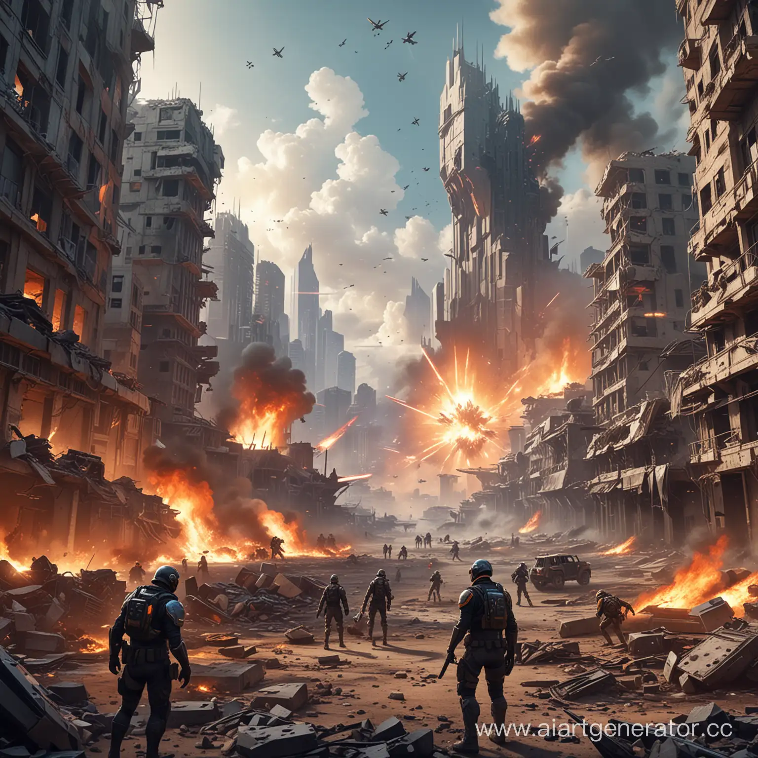 Иллюстрация сражения между агентами Valorant и силами Радиант на фоне разрушенного города или технологического комплекса, чтобы показать масштаб конфликта.
