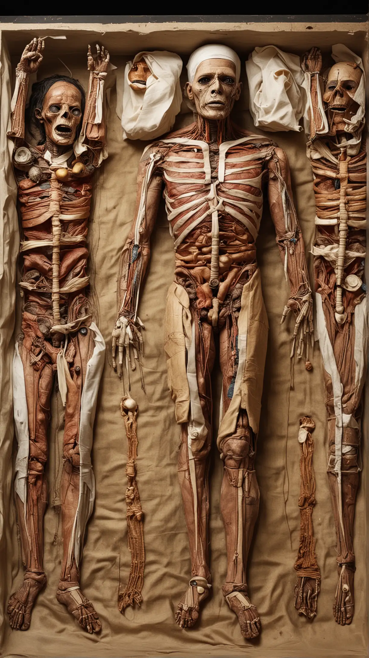 The Embalming Process: Illustrate the various stages of mummification, from the removal of organs to the application of natron and resin. Show the embalmers at work, meticulously preserving the body of the deceased according to ancient Egyptian customs and beliefs. Hyper realistic