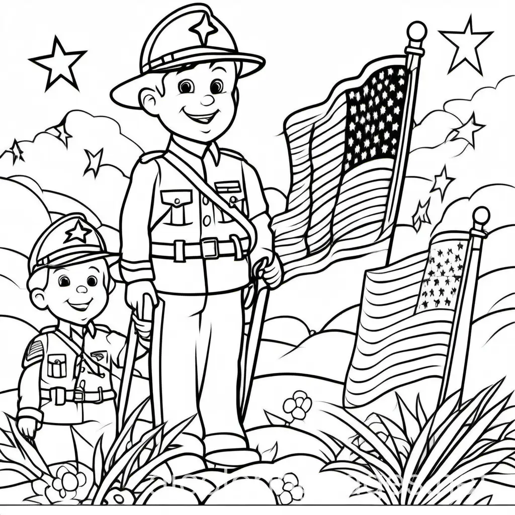 memorial day, Coloring Page, black and white, line art, white background, Simplicity, Ample White Space. The background of the coloring page is plain white to make it easy for young children to color within the lines. The outlines of all the subjects are easy to distinguish, making it simple for kids to color without too much difficulty