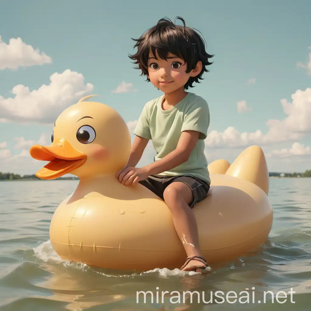 cute preteen boy, straight black hair, brown eyes, olive tan, riding and a huge kawaii rubber duck floaty, pastel sky.
