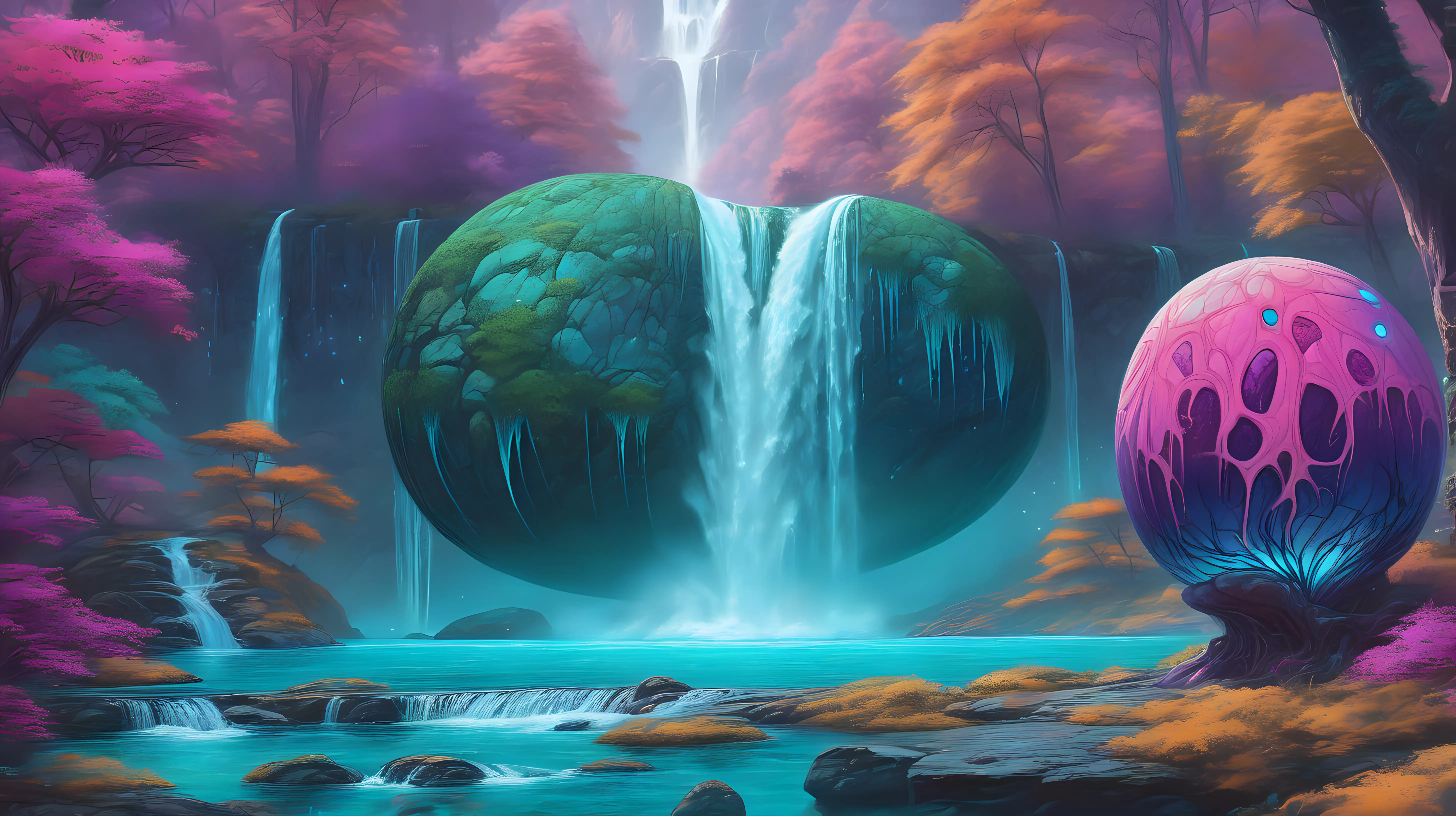 Enchanted Dragon Egg Nestled Amidst Turquoise Forest by Magical Waterfall