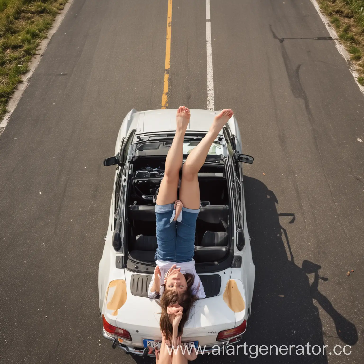 Young-Girl-Sitting-on-Car-Roof-with-Legs-Spread-on-Country-Road