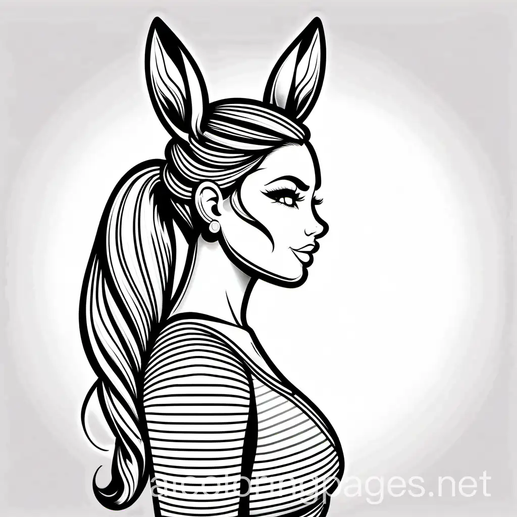 Sultry-Bunny-with-Ponytail-Coloring-Page-Elegant-Line-Art-on-a-White-Background