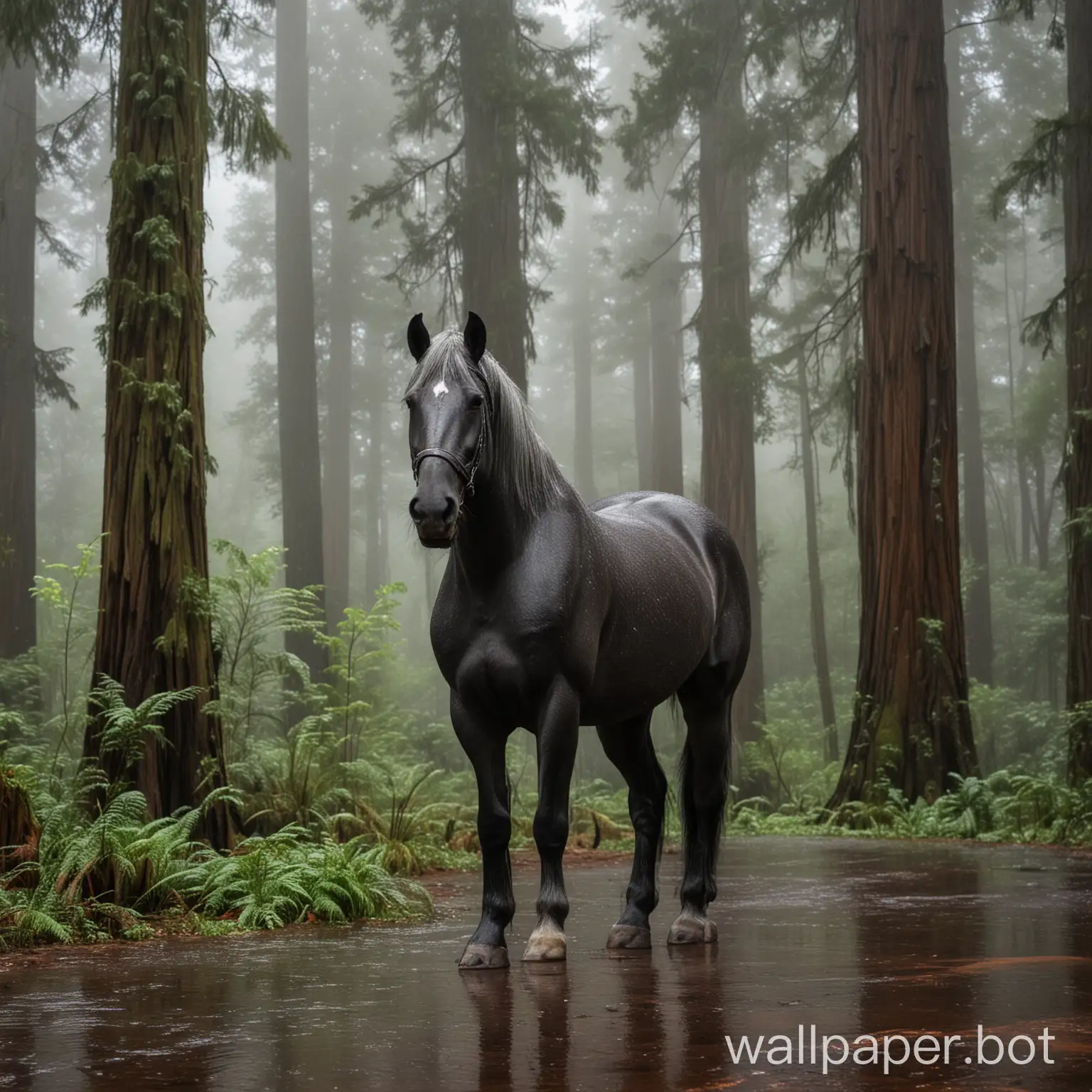 percheron horse in a redwood forest on a rainy morning in redwood forest