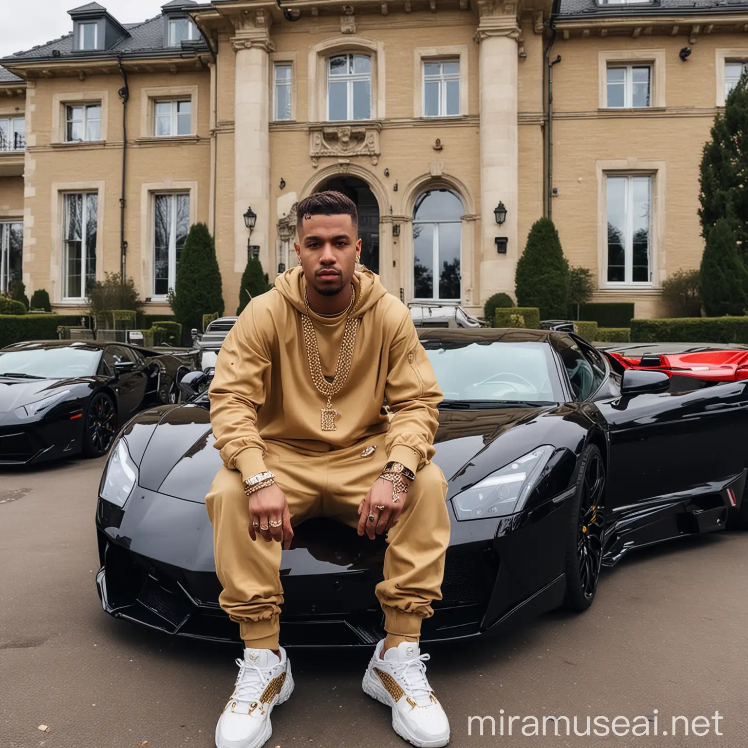 Luxurious Belgian Rapper Posing with Jewelry Outside Lavish Mansion and Supercars