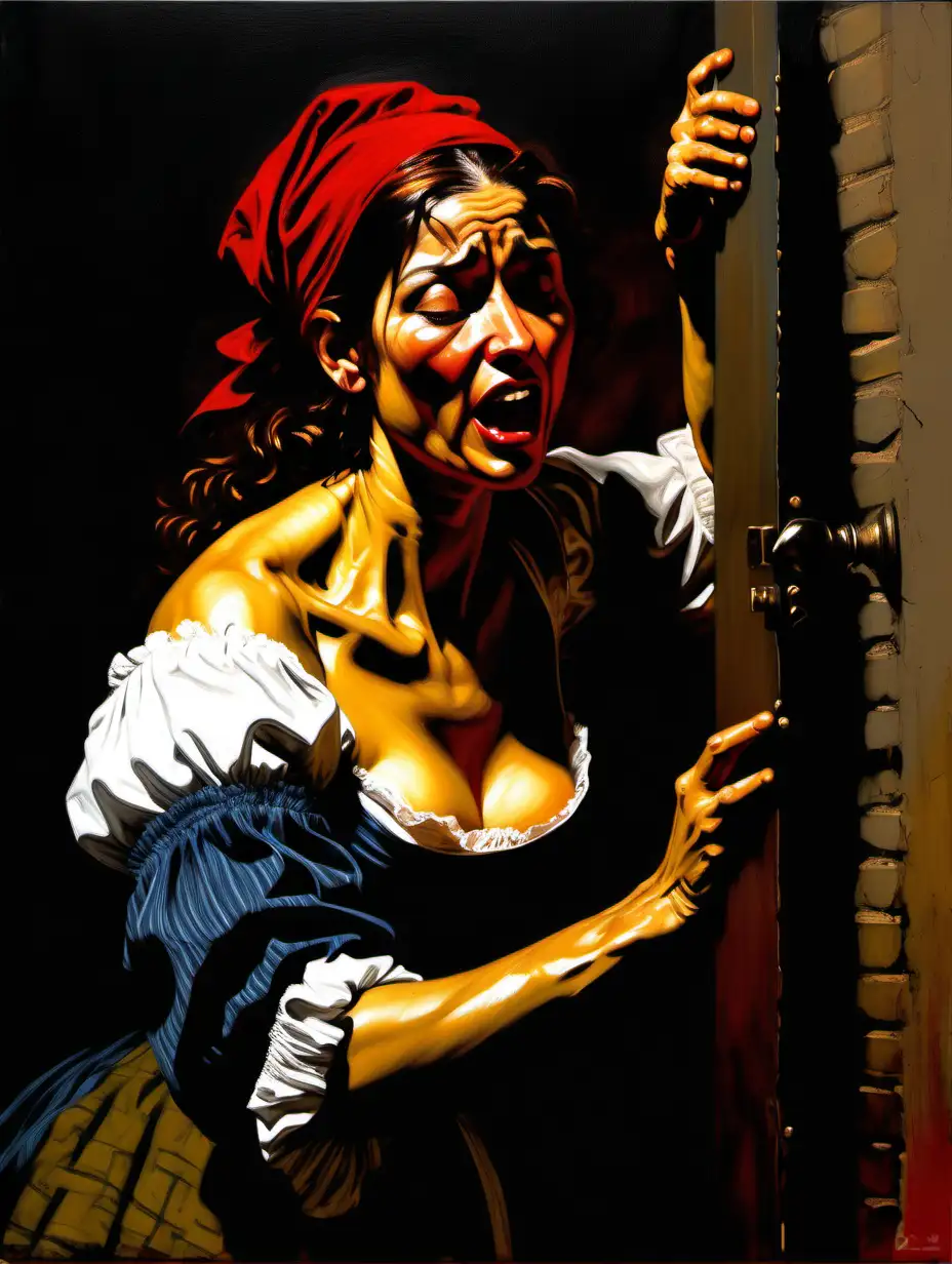 (an expressive painting:1.3), (large strokes style), palette knife style, (Fabian Perez style:1.3) , " Woman Catching Fleas by Georges de La Tour " depicted in the (17th century:1.3)