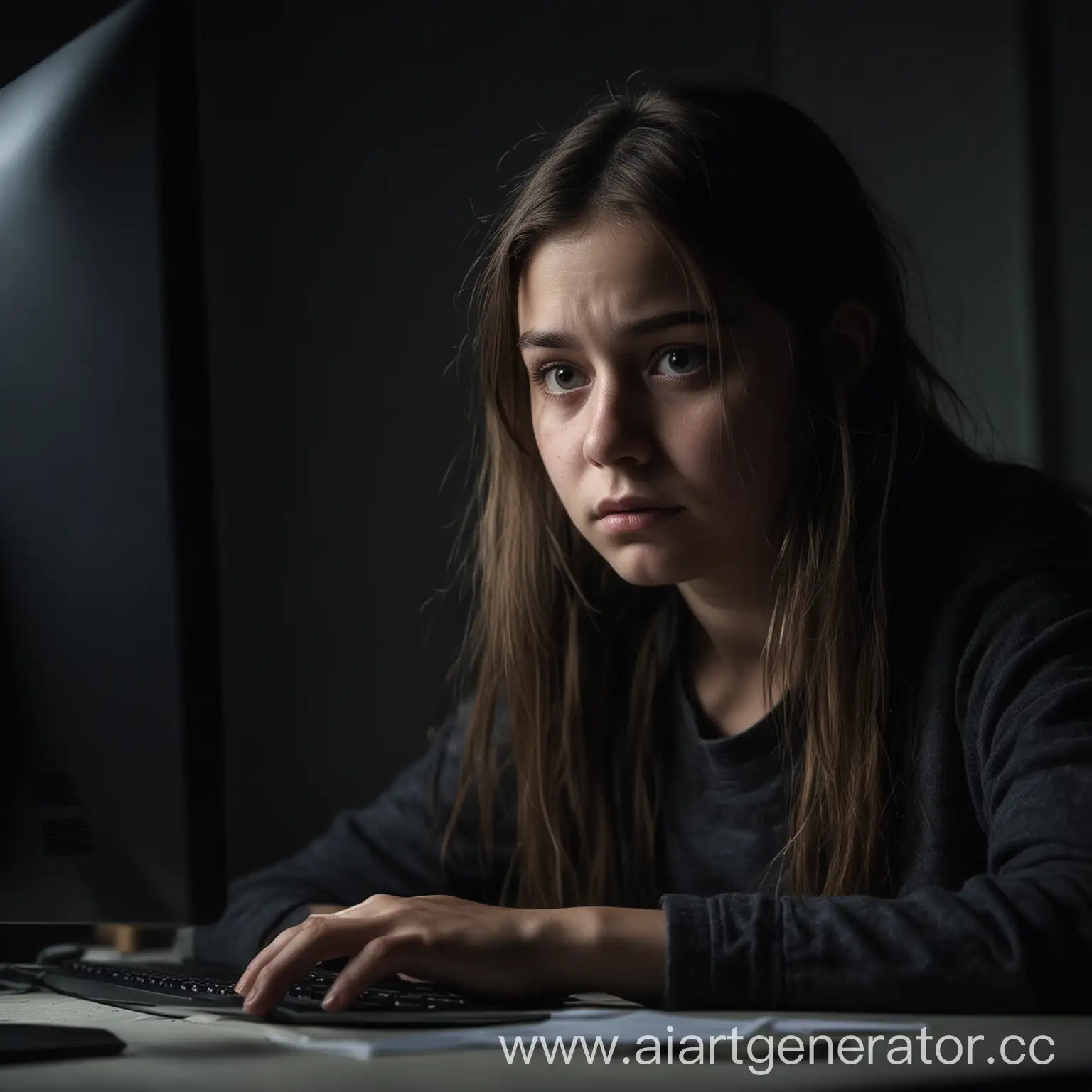 Девушка за компьютером в темной комнате и с грустным лицом
