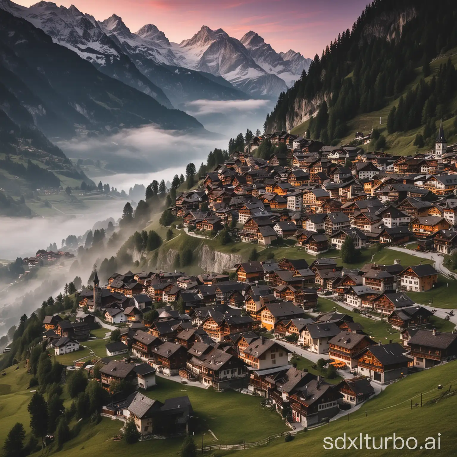 A village in the Swiss Alps at dawn