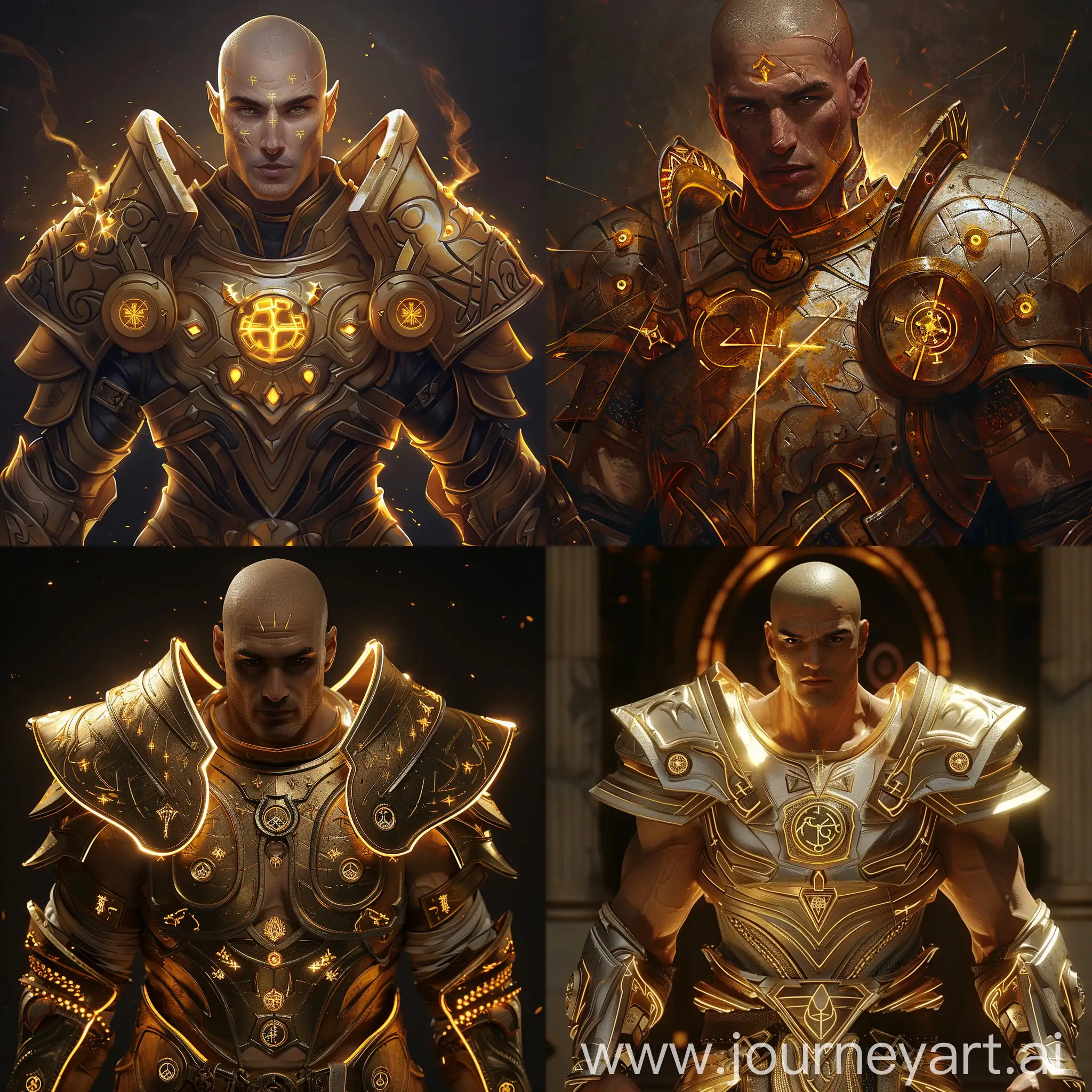 beautiful 30s-years old man with ideal face features, golden tanned skin, golden glowing small symbols, muscular, completely bald and shaved, paladin armor,  dark lines and circles engraved on massive armor, golden armor trim in the form of sun rays.