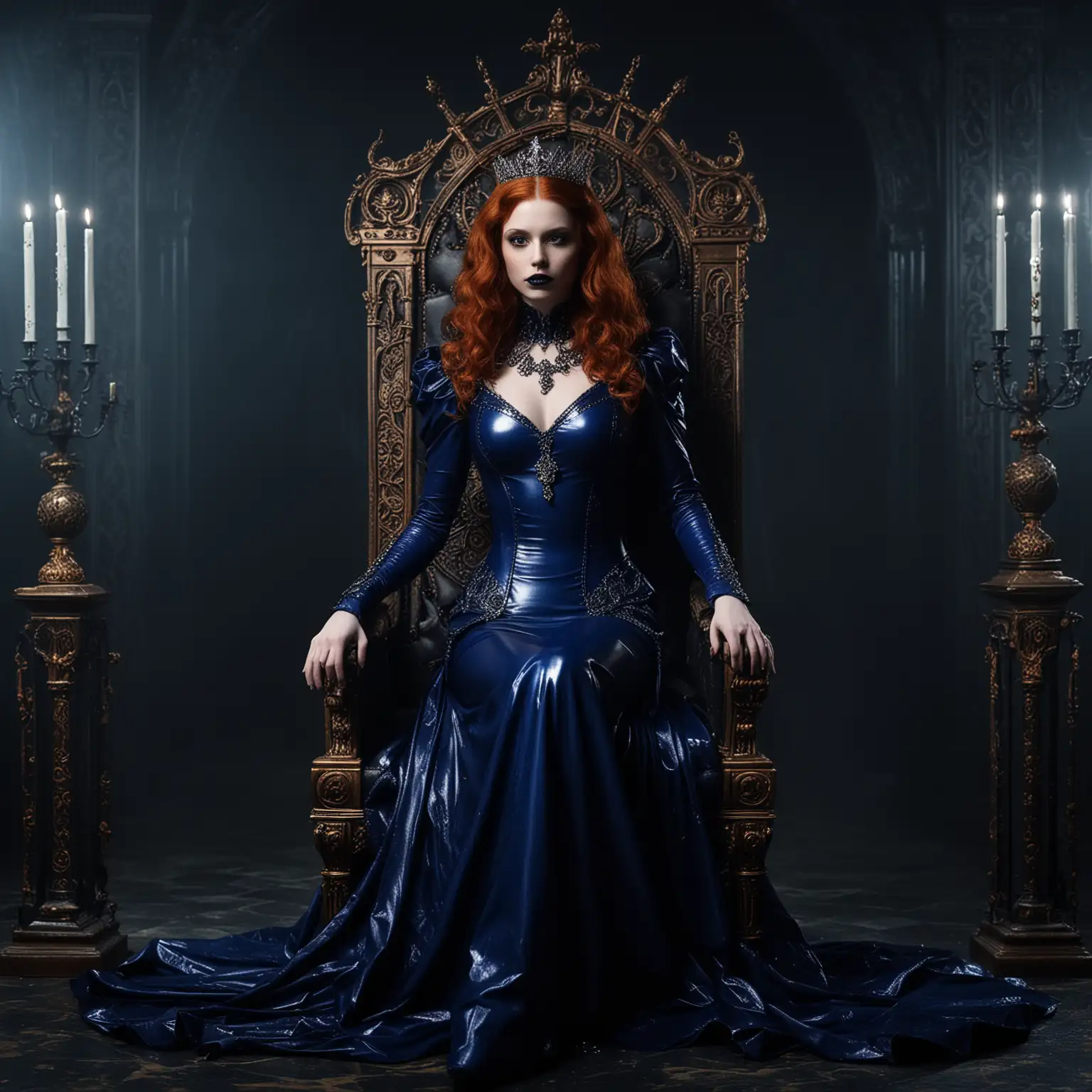 Dark Queen's Sinister Sovereignty:
Description Redhead, A latex dress in royal blue and with royal ornaments, inspired by an evil queen from a dark fairytale realm. The model has a regal posture and piercing gaze, similar to a dark queen, and poses in front of a dark throne background with sparkling crowns and eerie shadows.
