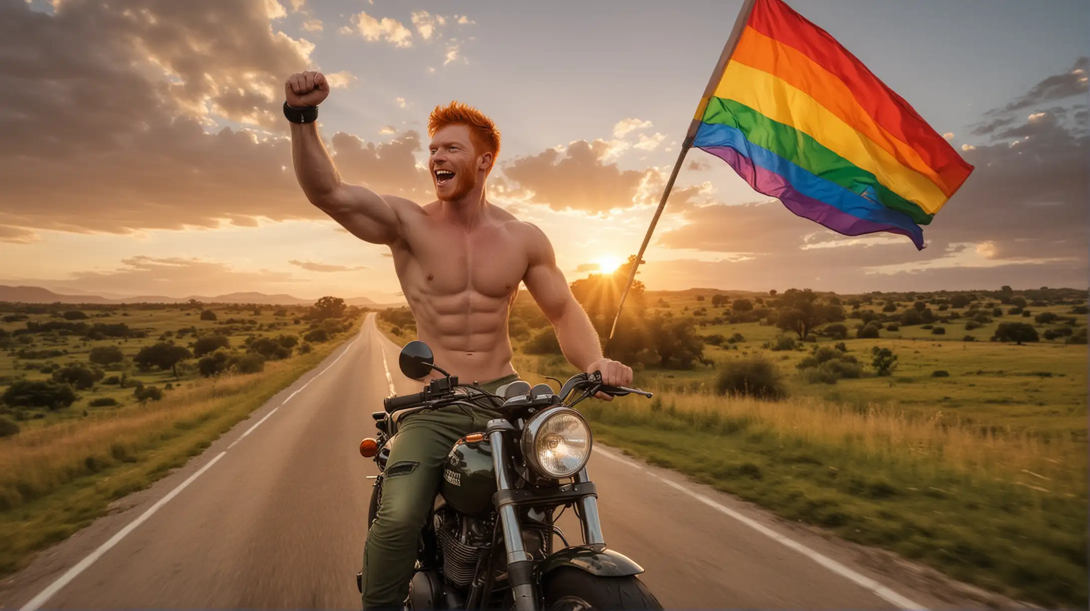 Shirtless Ginger Hunk Riding Motorcycle at Sunset with Pride Flag