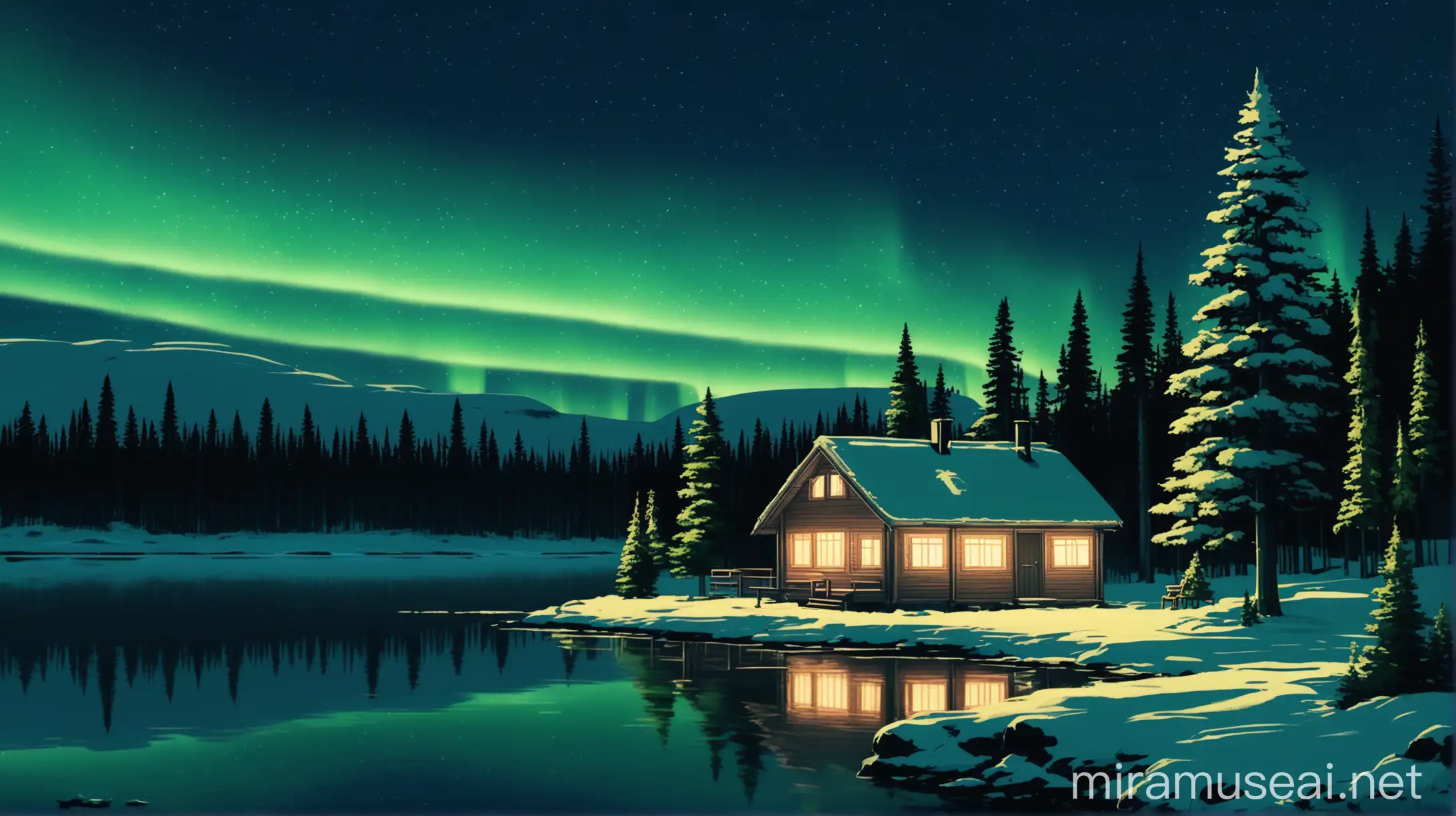 lofi, northern light, midnight, cottage, pine tree, lake side