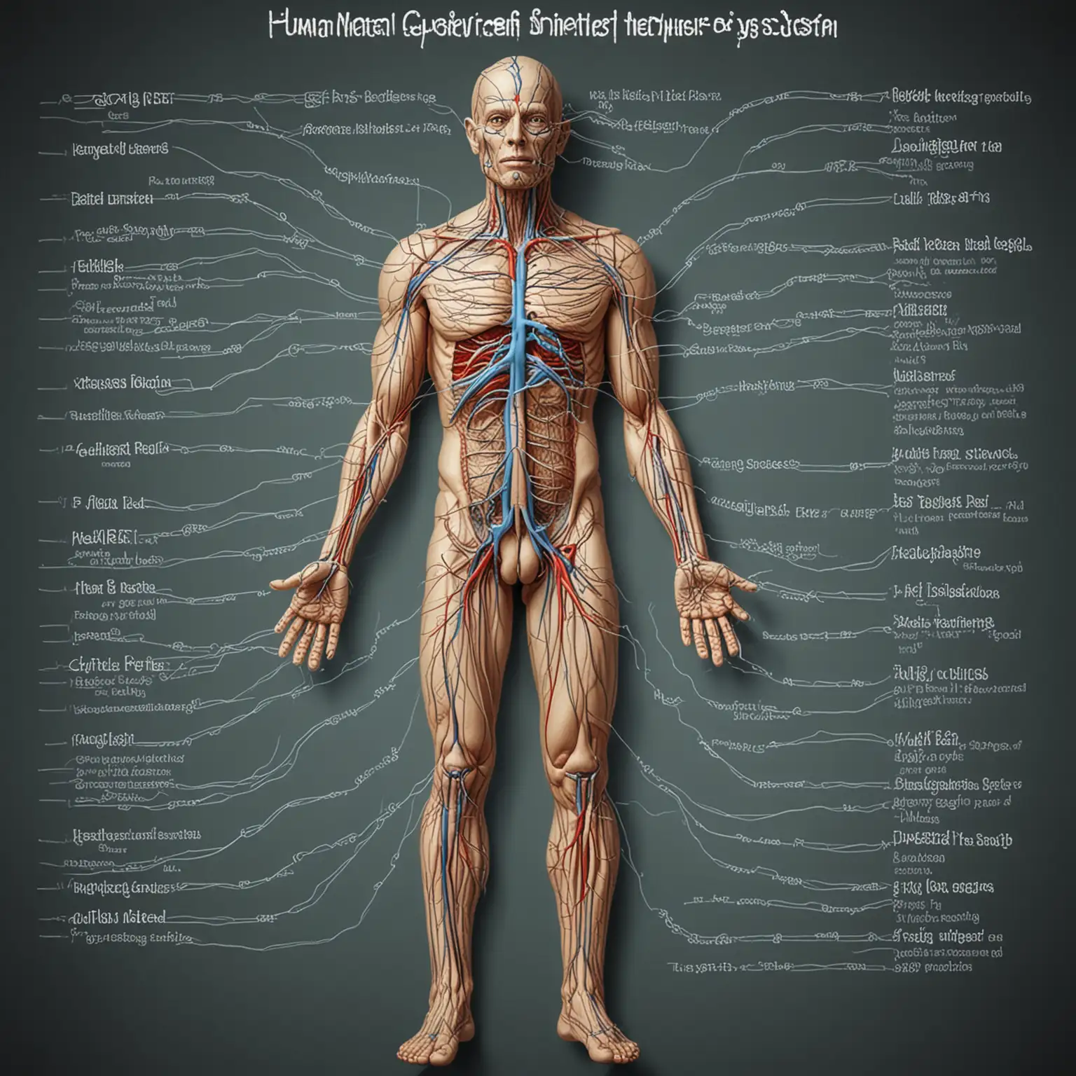 realistic and biologically accurate simple diagram of the Human peripheral nervous system using English word descriptions