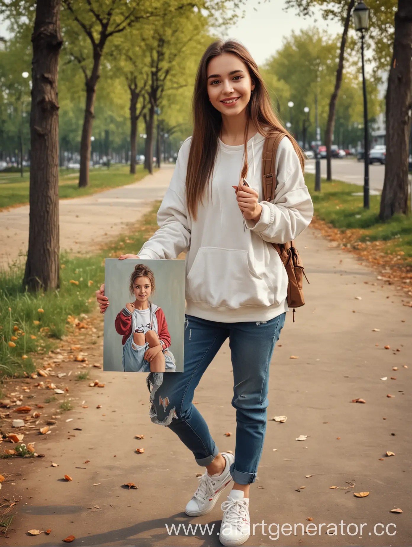 A happy, beautiful adult girl in sneakers holds in her hands a portrait on canvas measuring 50x70 cm. Full-length. realistic. High definition. The exact drawing of the hands. High quality. on the street, in the park