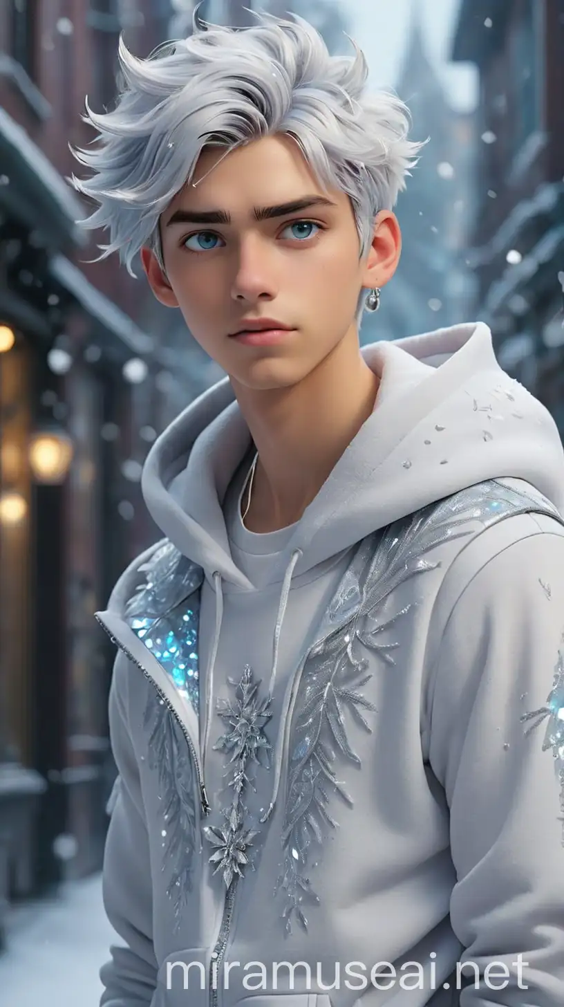 A striking young man with an ethereal presence, reminiscent of his mother, Elsa. His hair is as white as fresh snow, styled in a modern undercut with icy blue streaks running through it, adding a touch of frosty allure. His eyes shimmer with a pale lavender hue, reflecting his mystical heritage and inner strength. The Boy's complexion is fair and flawless, with a cool undertone that enhances his otherworldly beauty. His outfit blends elements of 2020s icepunk, winter fairy coquette, holosexual, and modern streetwear aesthetics, showcasing his unique sense of style and magical lineage. He wears a sleek white hoodie with holographic accents shimmering like ice crystals, adding a futuristic twist to his look. Underneath the hoodie, he layers a fitted icy blue t-shirt with intricate lace detailing reminiscent of frost patterns, adding a touch of elegance and whimsy to his ensemble. The Boy also wears white wearever fleece slim-fit high-waisted men's tall sweatpants, tailored from rich lavender fabric, with silver zipper accents and geometric patterns inspired by snowflakes, adding a hint of edgy sophistication to his outfit. On his feet, he wears white sneakers with holographic panels and translucent soles, combining style and comfort for his urban adventures. The Boy accessorizes himself with silver jewelry, including cuff bracelets and rings adorned with shimmering gemstones, reflecting his connection to the magical realm. In his hair, he wears delicate snowflake-shaped hairpins crafted from silver, adding a touch of sparkle to his frosty locks. The Boy's makeup is subtle yet impactful, with icy blue eyeshadow, silver highlighter, and glossy lips, accentuating his ethereal features. Overall, The Boy exudes an aura of mystery and enchantment, blending elements of modern fashion with magical influences in his captivating style choices. 