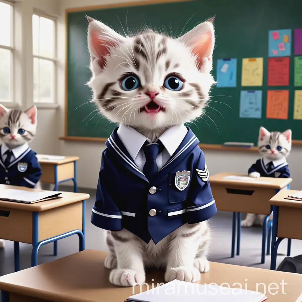 give me the image of a kitten in the classroom putting on uniform it should be awesome and creative