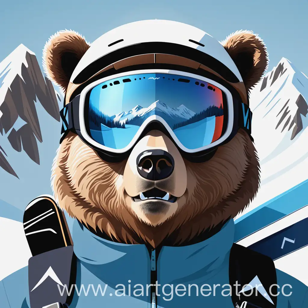 морда медведя в горнолыжных очках, на заднем плане две горные  лыжи, оформлено лаконично, в стиле логотипа