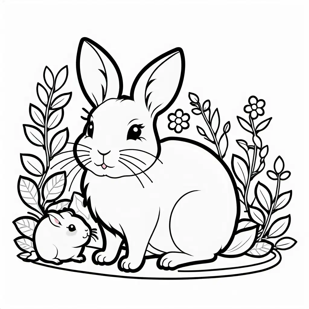 a bunny and a hamster, Coloring Page, black and white, line art, white background, Simplicity, Ample White Space. The background of the coloring page is plain white to make it easy for young children to color within the lines. The outlines of all the subjects are easy to distinguish, making it simple for kids to color without too much difficulty