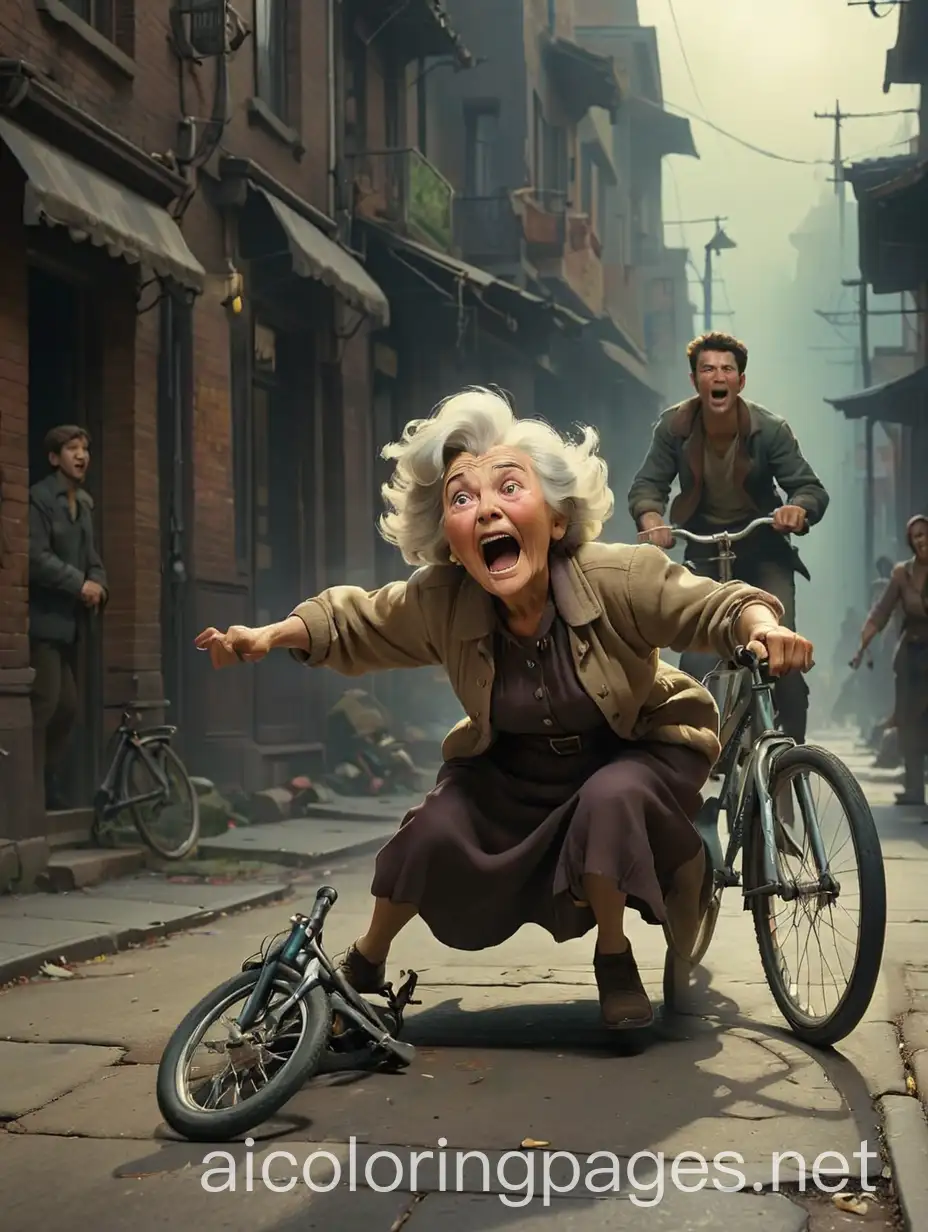 An image of an elderly woman falling to the ground in the street, looking shocked and in pain, while a young man stands on a bicycle laughing., by Frank Frazetta, dark colors, sinister atmosphere, dramatic lighting, cinematic, establishing shot, extremely high, Coloring Page, black and white, line art, white background, Simplicity, Ample White Space. The background of the coloring page is plain white to make it easy for young children to color within the lines. The outlines of all the subjects are easy to distinguish, making it simple for kids to color without too much difficulty