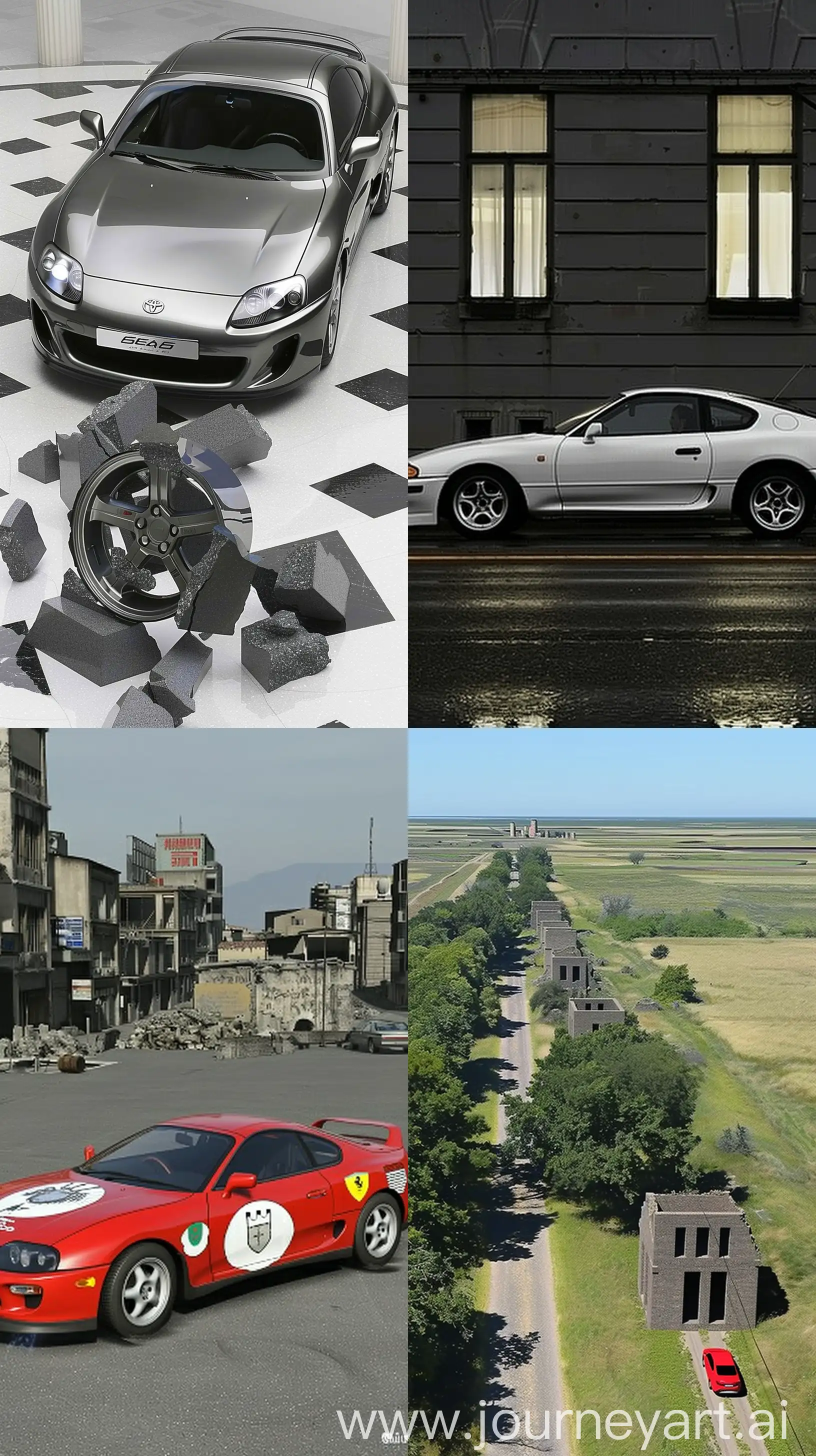 Aerial shot of a Supra mk4 car drifting at crazy speed amid an empty and broken Greek circus, monuments, Grayish, gives a sense of modernity, Gives a feeling of calm, ultra-realistic, fine details, high quality, 8K Ultra HD quality, masterpiece, best quality, day time --ar 9:16 --sref 1571274142::2 3790414247::1 2540277310::3 --sw 250 --s 50 --v 6 --c 100