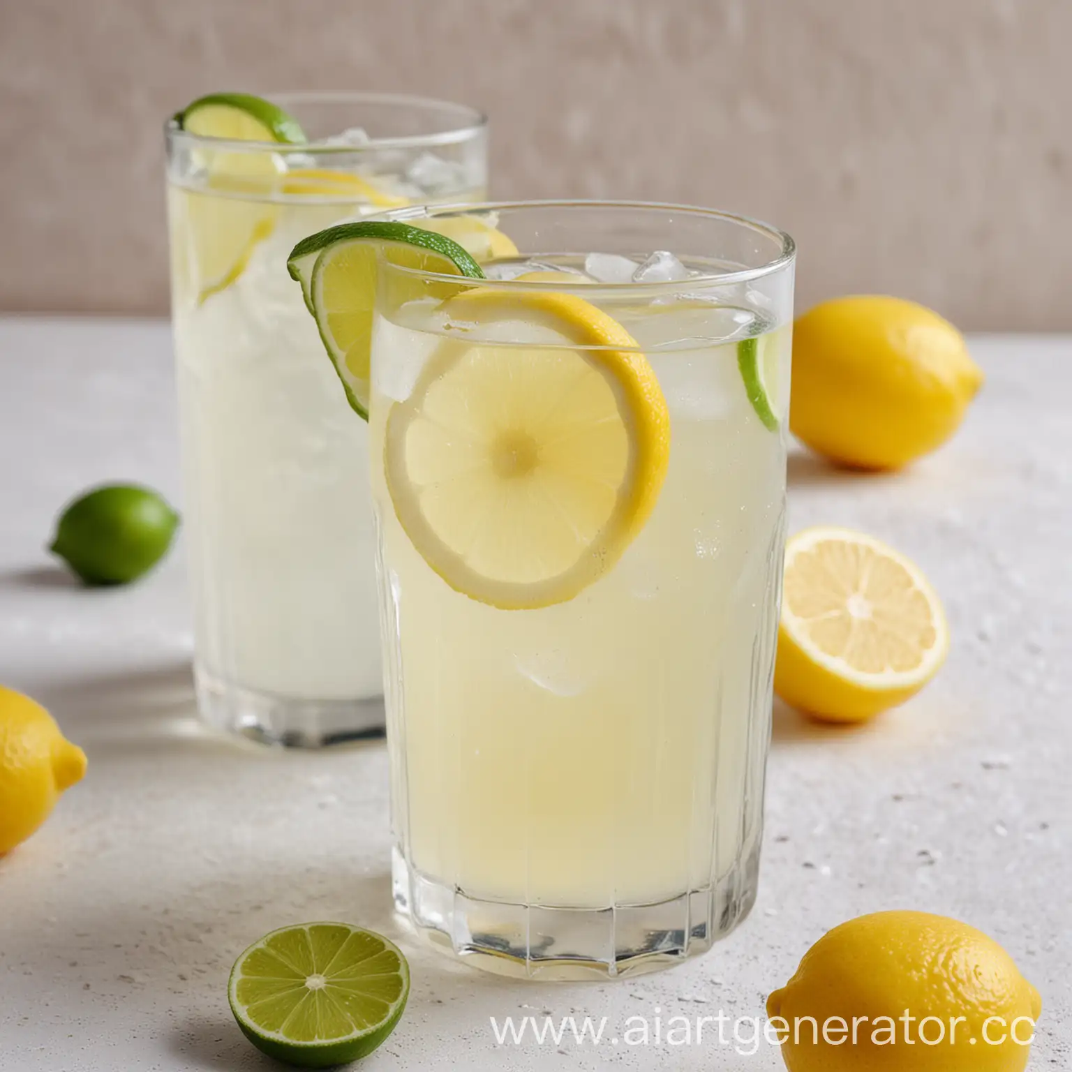 обычный лимонад на столе с белыми обоями и дольками лимона и лайма вокруг стакана