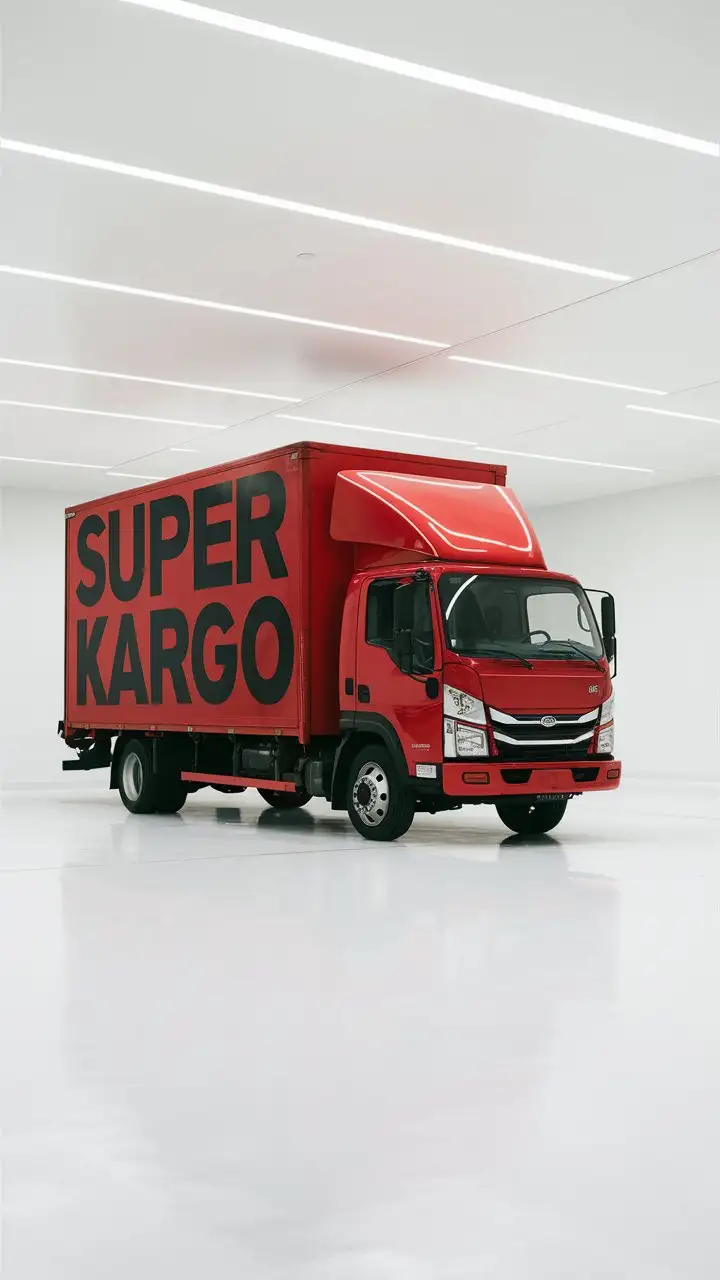 It is a red logistics truck with a completely white background and the words "SUPER KARGO" on it.