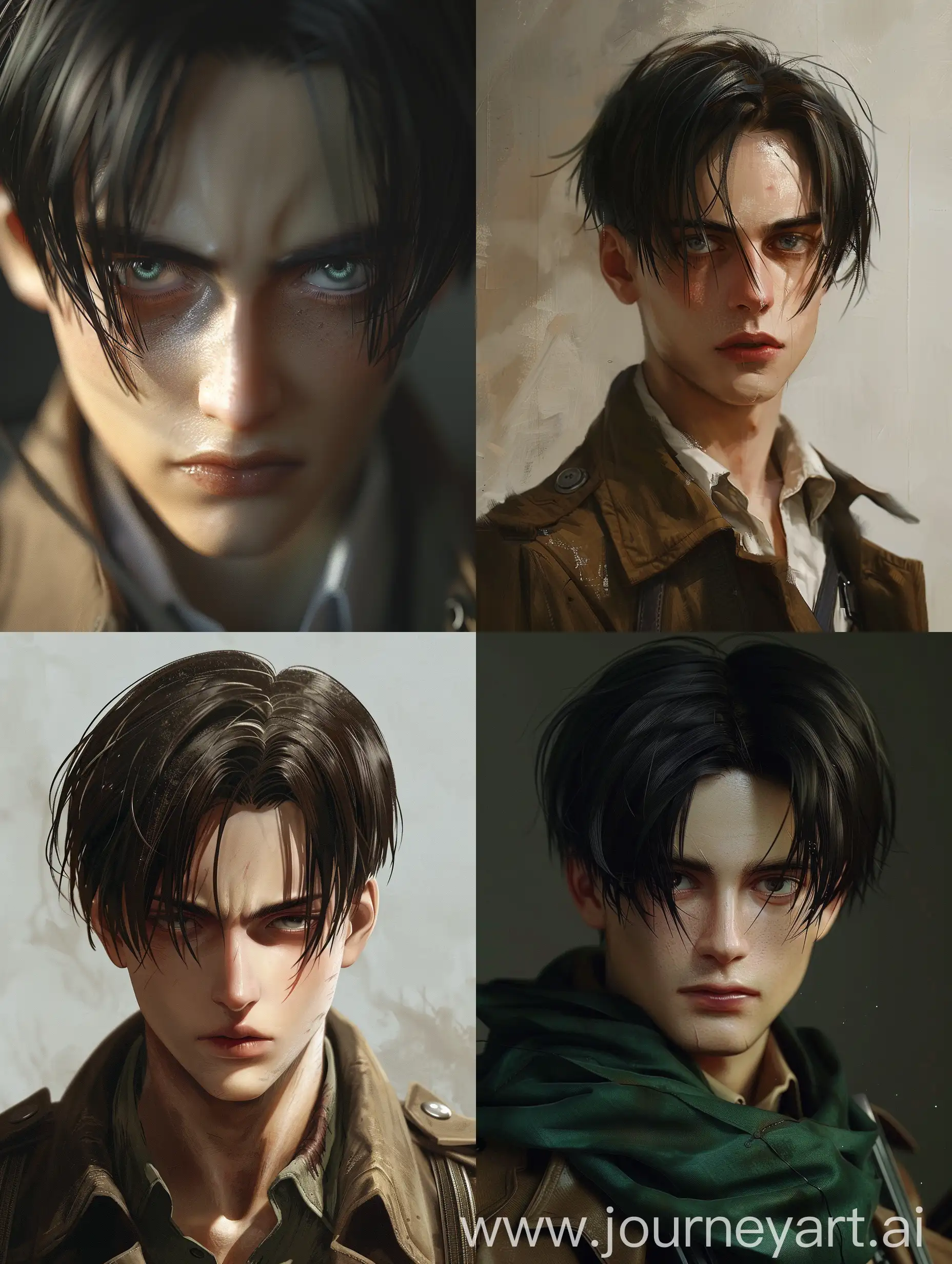 Realistic Levi Ackerman from Attack on Titan, in his 30s, with normal dark circles, slight mocking smirk