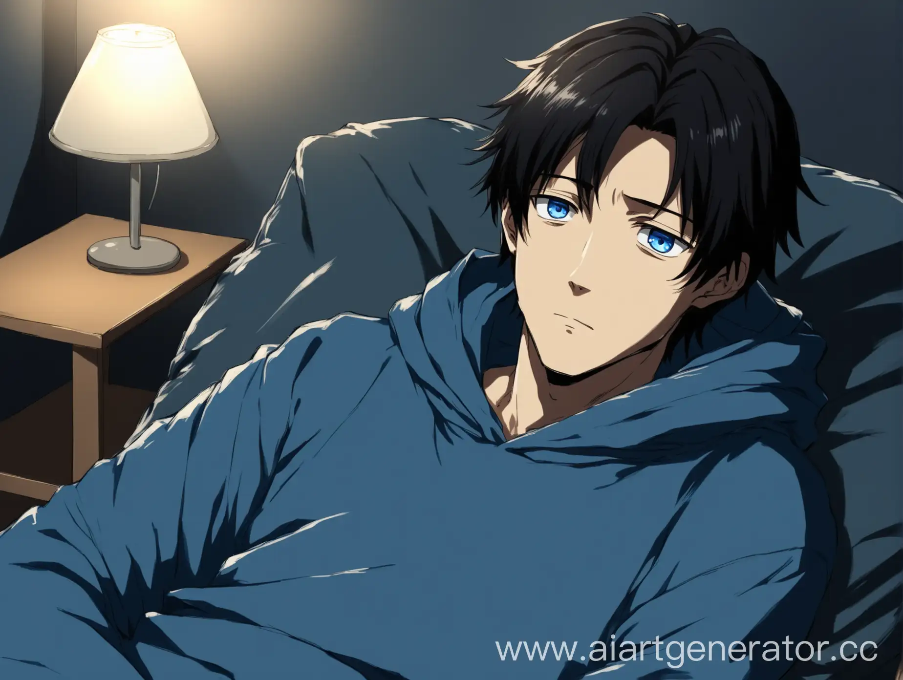 Tired-Anime-Character-in-Blue-Hoodie-Relaxing-in-Dimly-Lit-Room