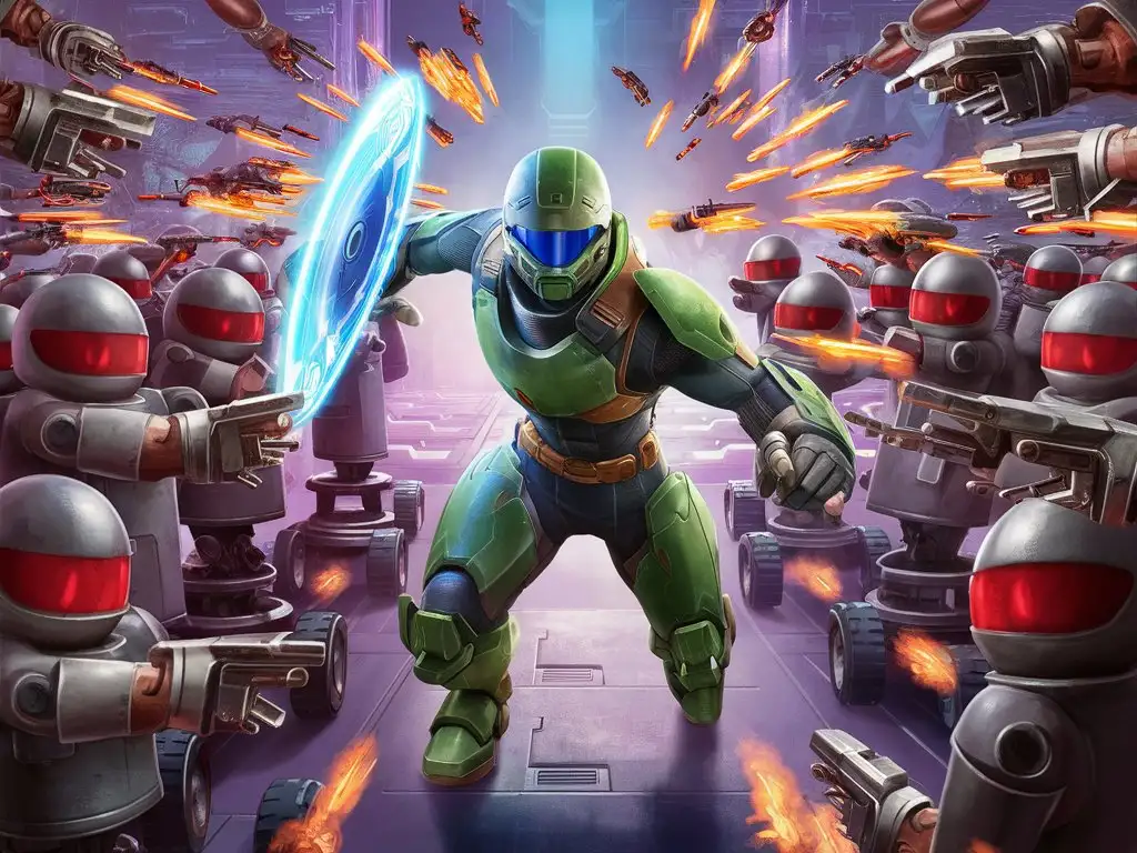 Video game wallpaper of ONE male green armored hero wearing full helmet with blue visor weilding blue energy shield attached to the right wrist. The hero is deflecting bullets at red visor silver robot enemies that stand on wheels and have guns for arms. Only one green character, the rest of the characters are silver with red visors and guns and are shooting the green character.