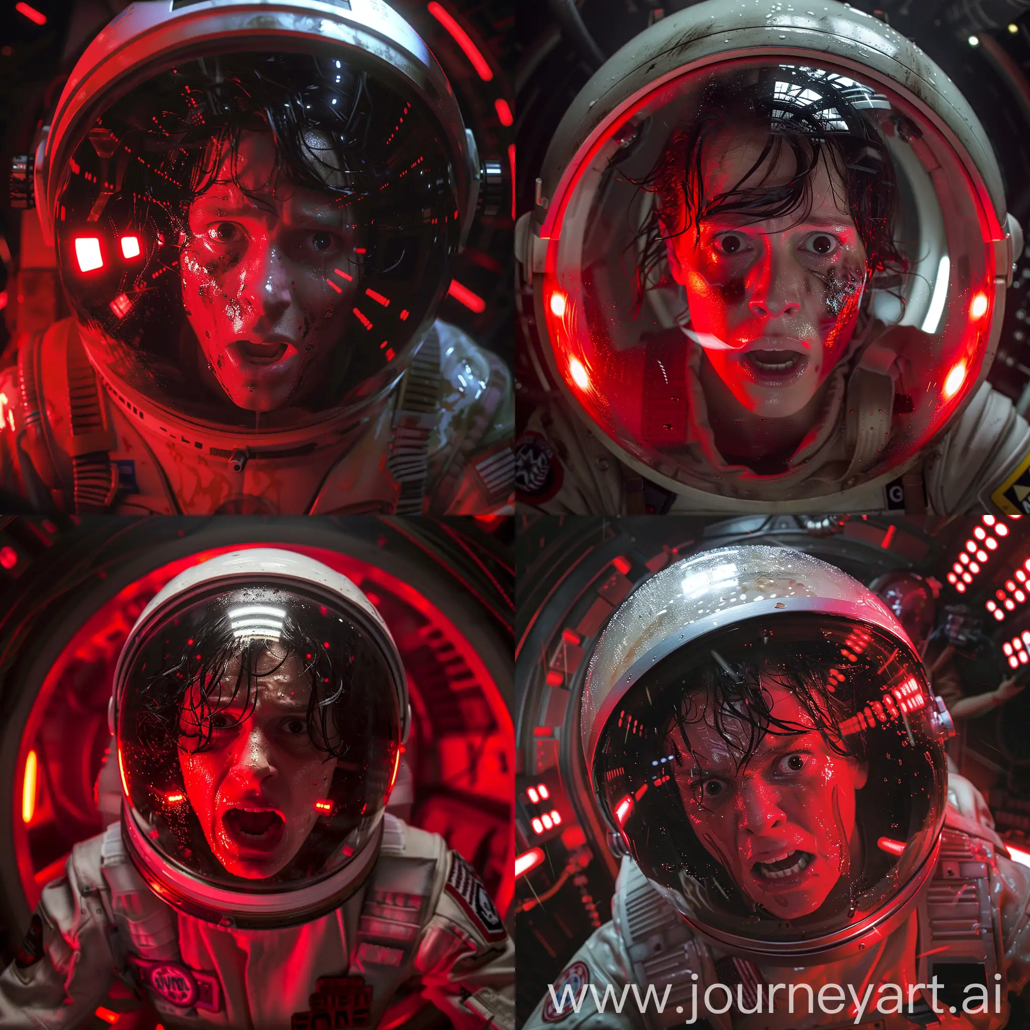Cinematic Still scenes from New Movie of Alien, with Daisy Ridley, a character from the Alien films, wearing the astronaut uniform from the film Alien, in the claustrophobic, dense and dark interior of the Nostromo spaceship with red lights, with Daisy Ridley's face very scared with wet hair and very sweaty, with the reflection of the Alien in front of him reflecting on the visor of his astronaut helmet, 8k resolution,  cinematic image 