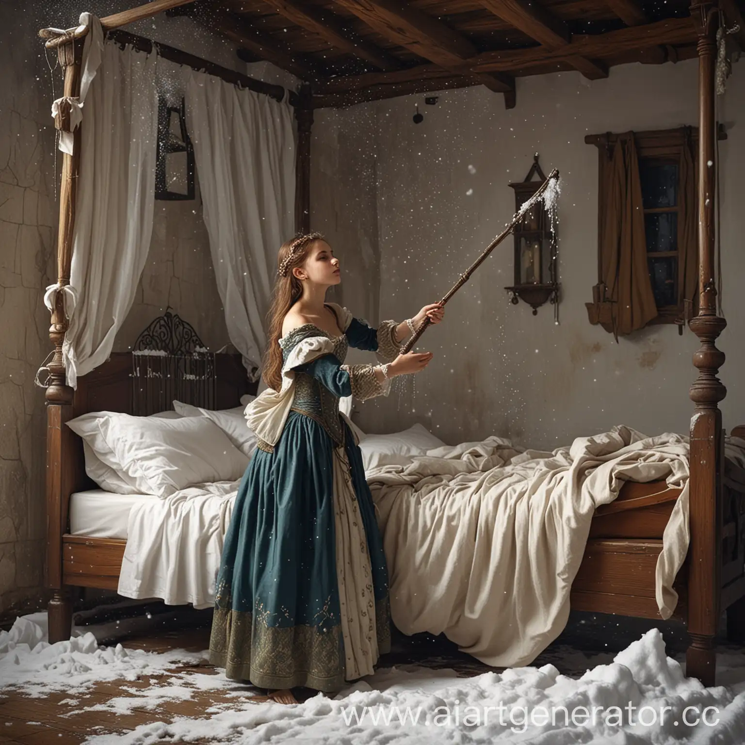 Medieval-Girl-Making-Snow-Bed-Illustration-for-a-Fairy-Tale