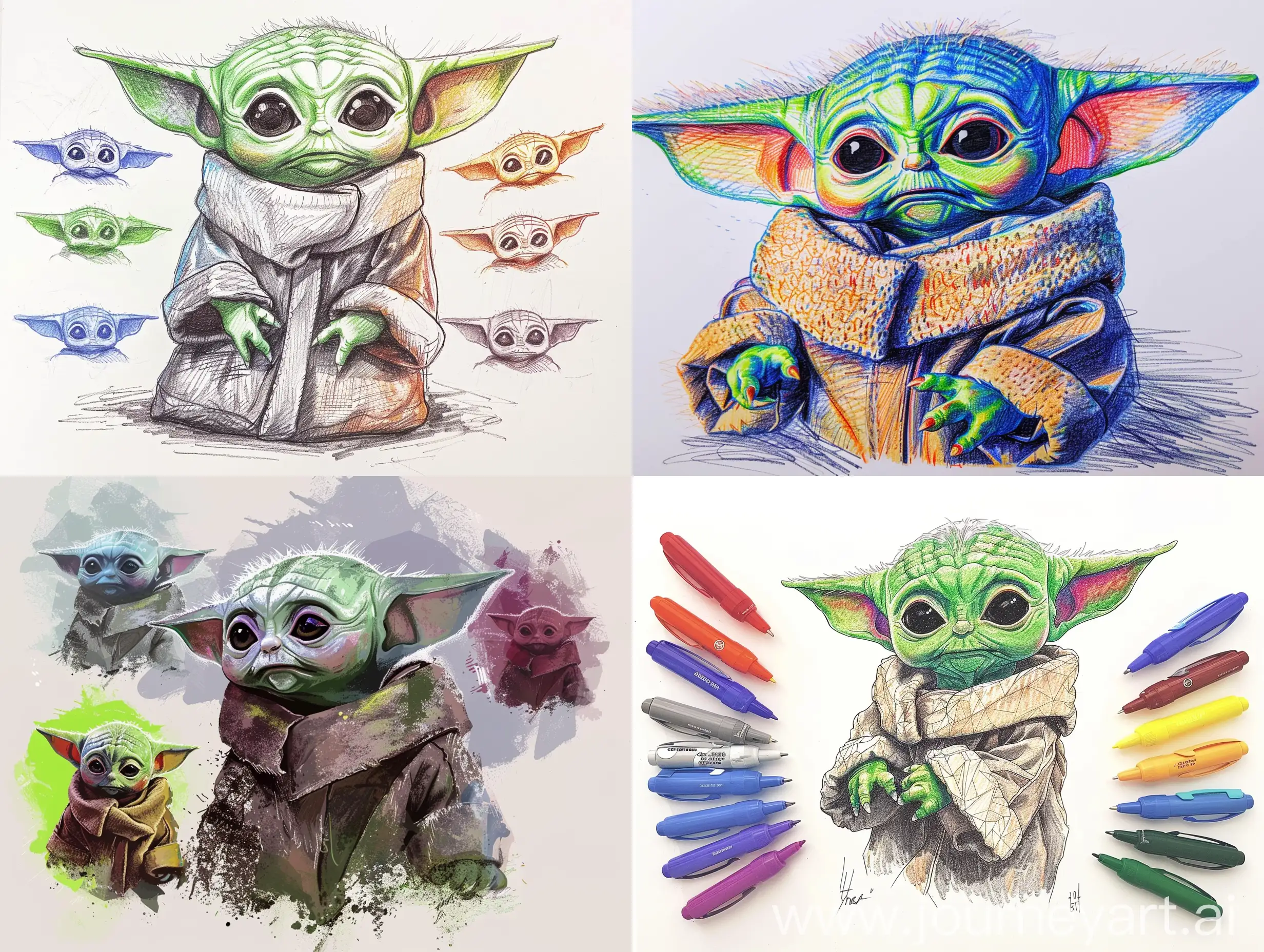 pen sketch of baby yoda with different colors