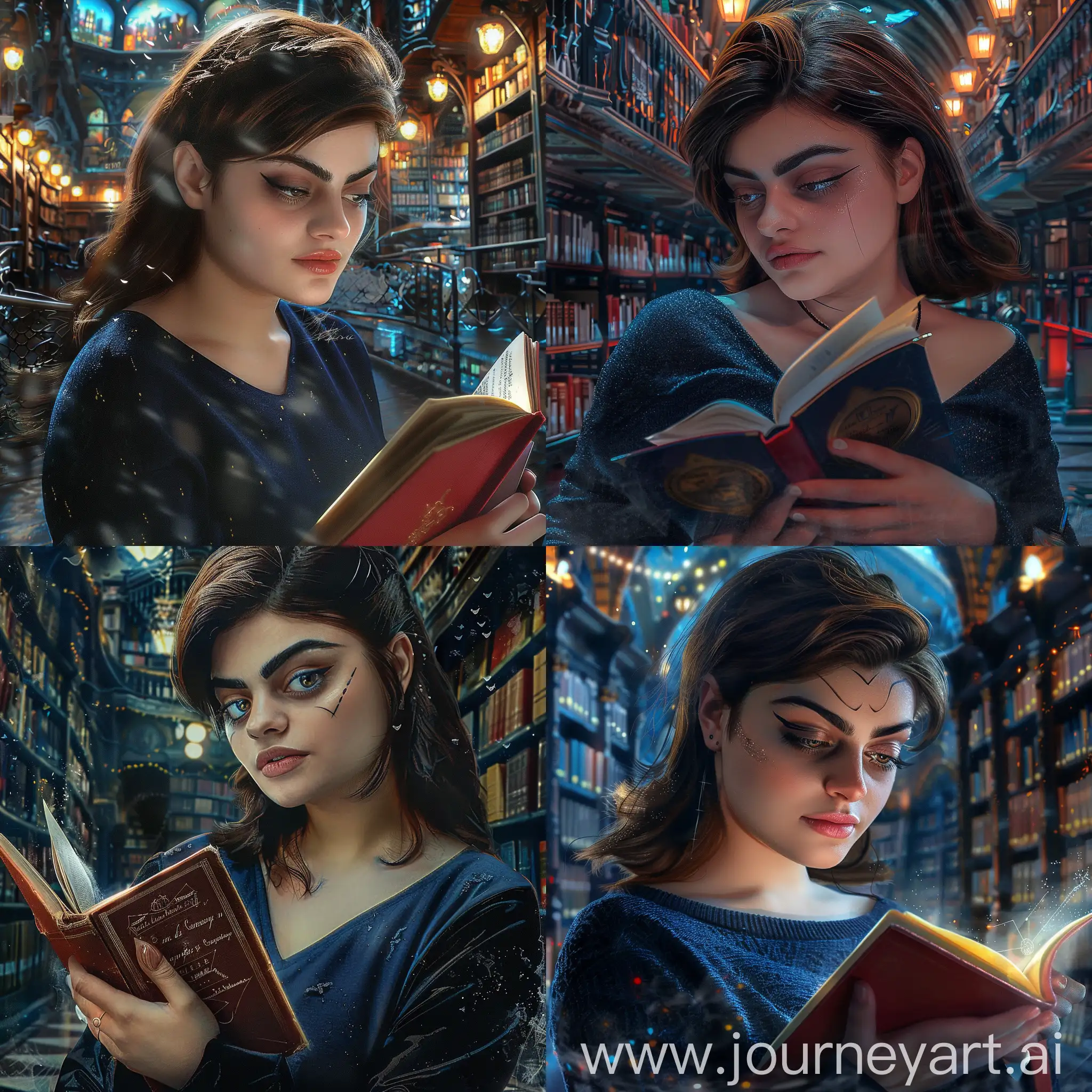a beautiful girl in a library city, reading a magic book, detailed face, blue dress, long hair, photorealistic, intricate details, dark fantasy atmosphere, dramatic lighting, cinematic composition, vibrant colors, highly detailed, hyper realistic