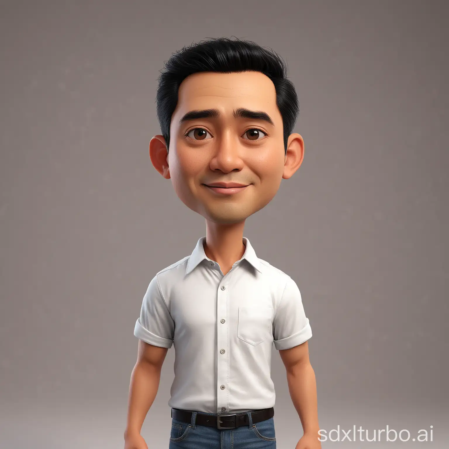 Create 3D cartoon style full body with a big head. A 50 year old Indonesian man. Tall, slightly thin body, oval face shape. Oval chin, handsome, slightly round eyes, clean white skin, faint smile. Black hair with a side part. Wearing a white shirt. Body position is clearly visible. Background colored peach solid. Use soft photography lighting, hair lighting, top lighting, side lighting. Highest quality photos, Uhd,16k.