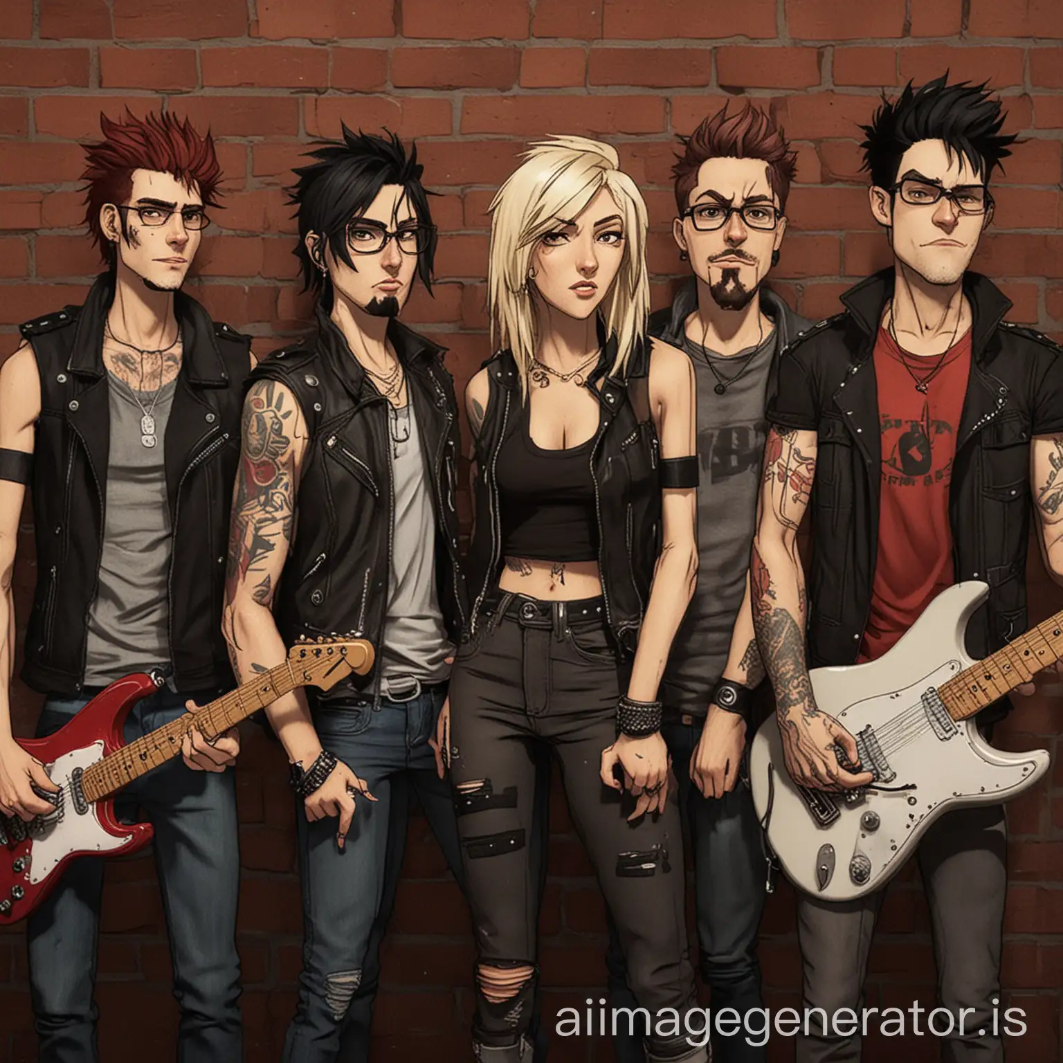 edgy adult animated 30 something modern rock band with swagger female lead singer and four guys in band.
