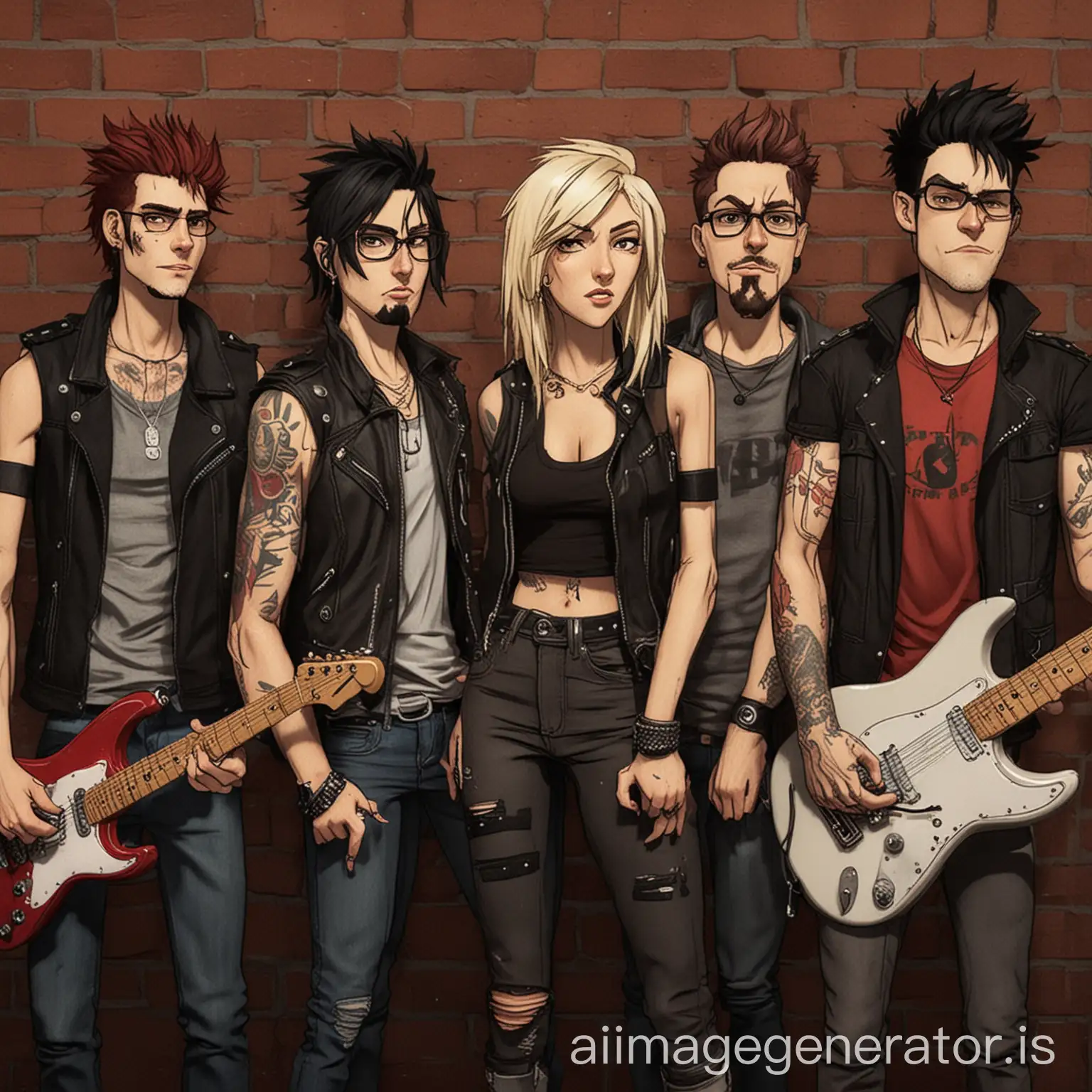 edgy adult animated 30 something modern rock band with swagger female lead singer and four guys in band. 