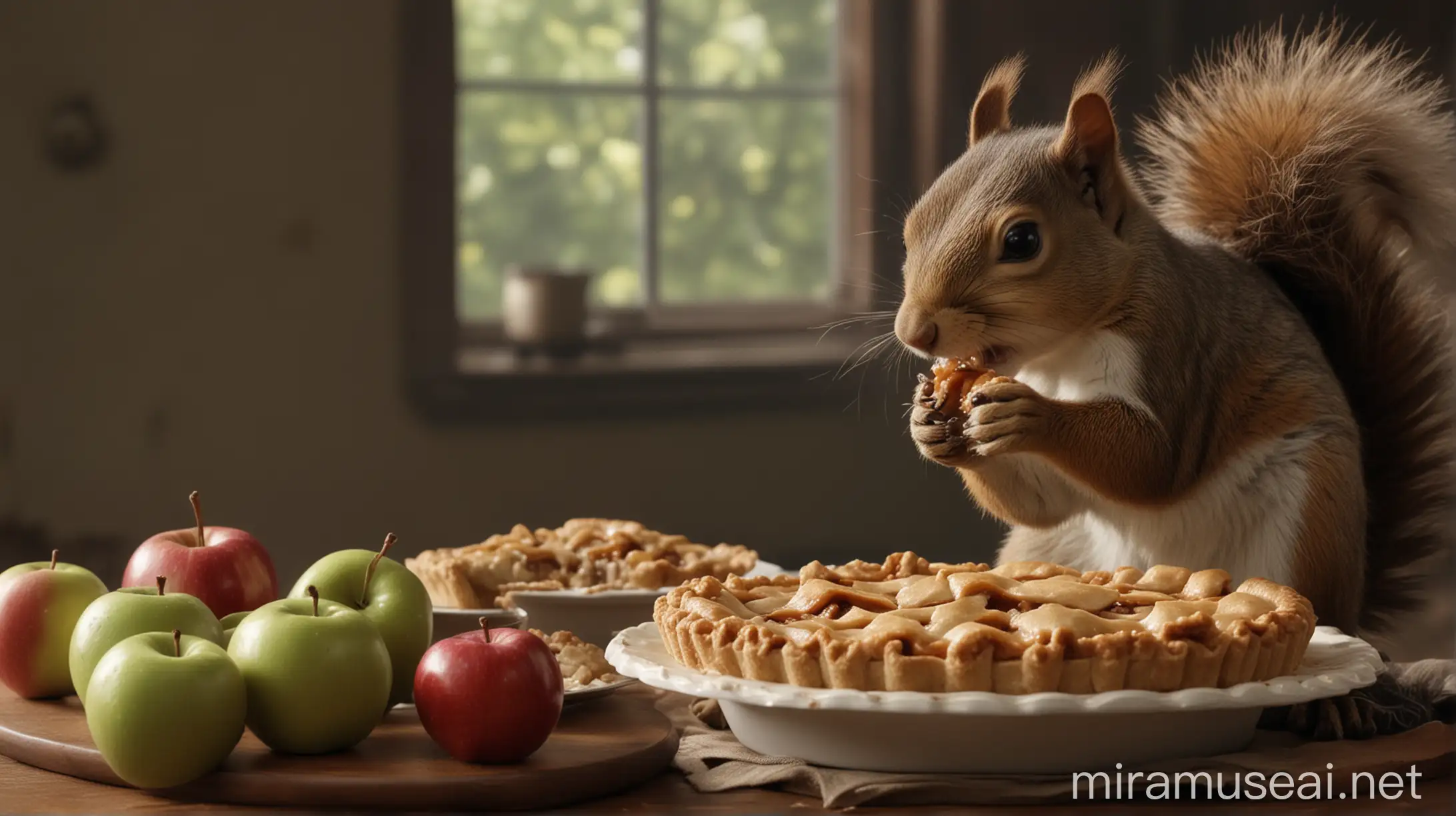 Squirrel Enjoying Apple Pie with Dean Winchester Hyperrealistic Cinematic Scene