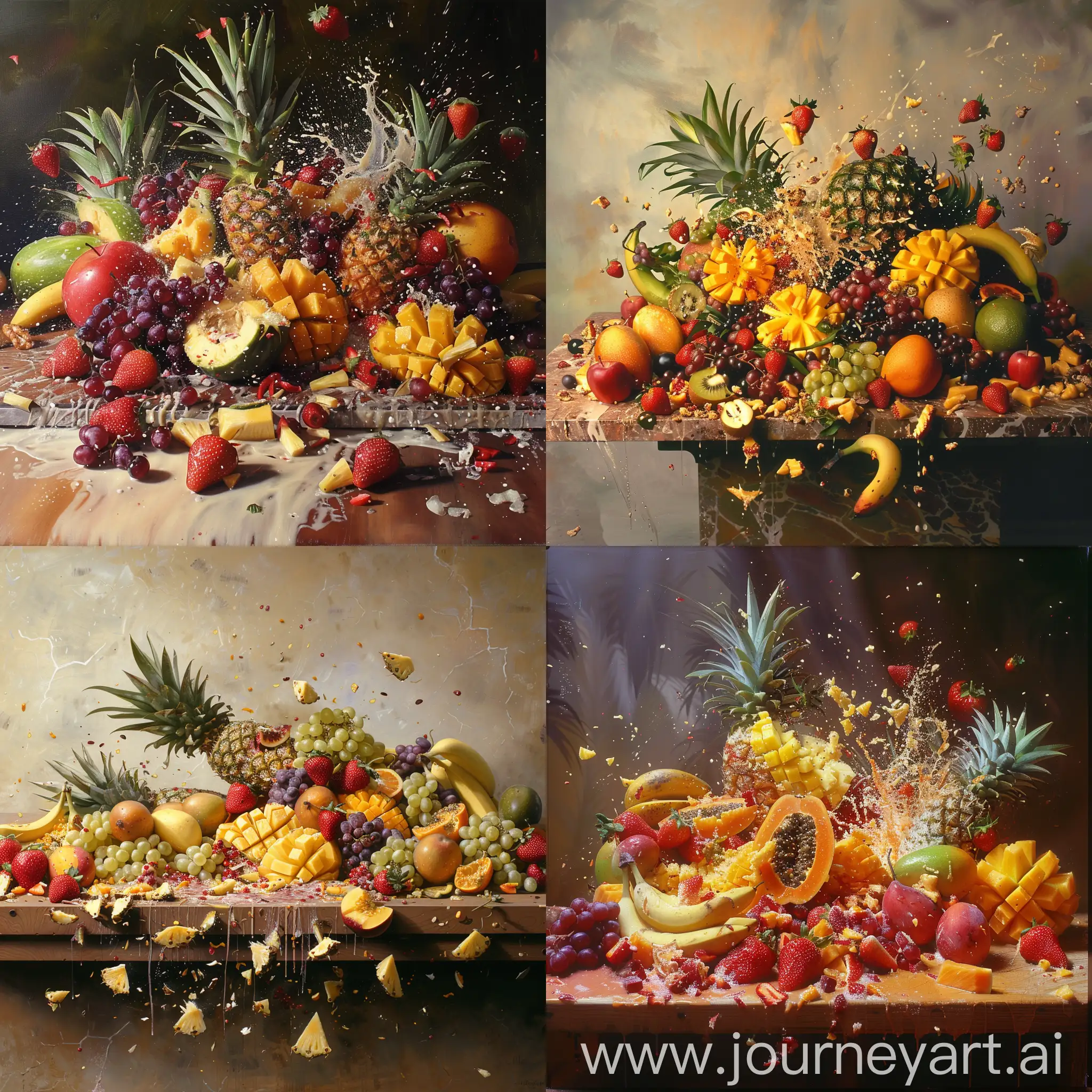 Dramatic-Fruit-Explosion-Still-Life-Vibrant-Chaos-on-Rustic-Table