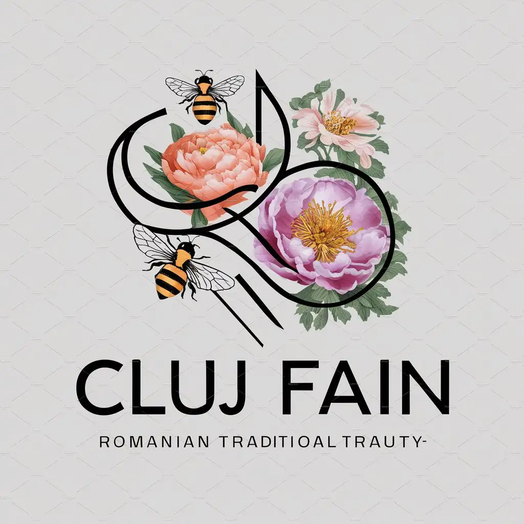 a logo design,with the text "Cluj Fain", main symbol:a Romanian traditional motif, a bee, a peony flower, a linden flower,complex,be used in Travel industry,clear background