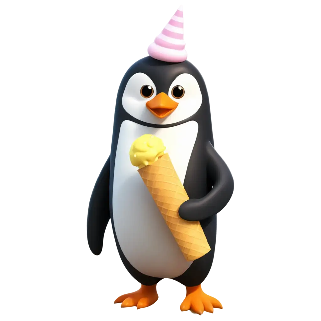 мультяшный пингвин держит одно мороженое рожок
