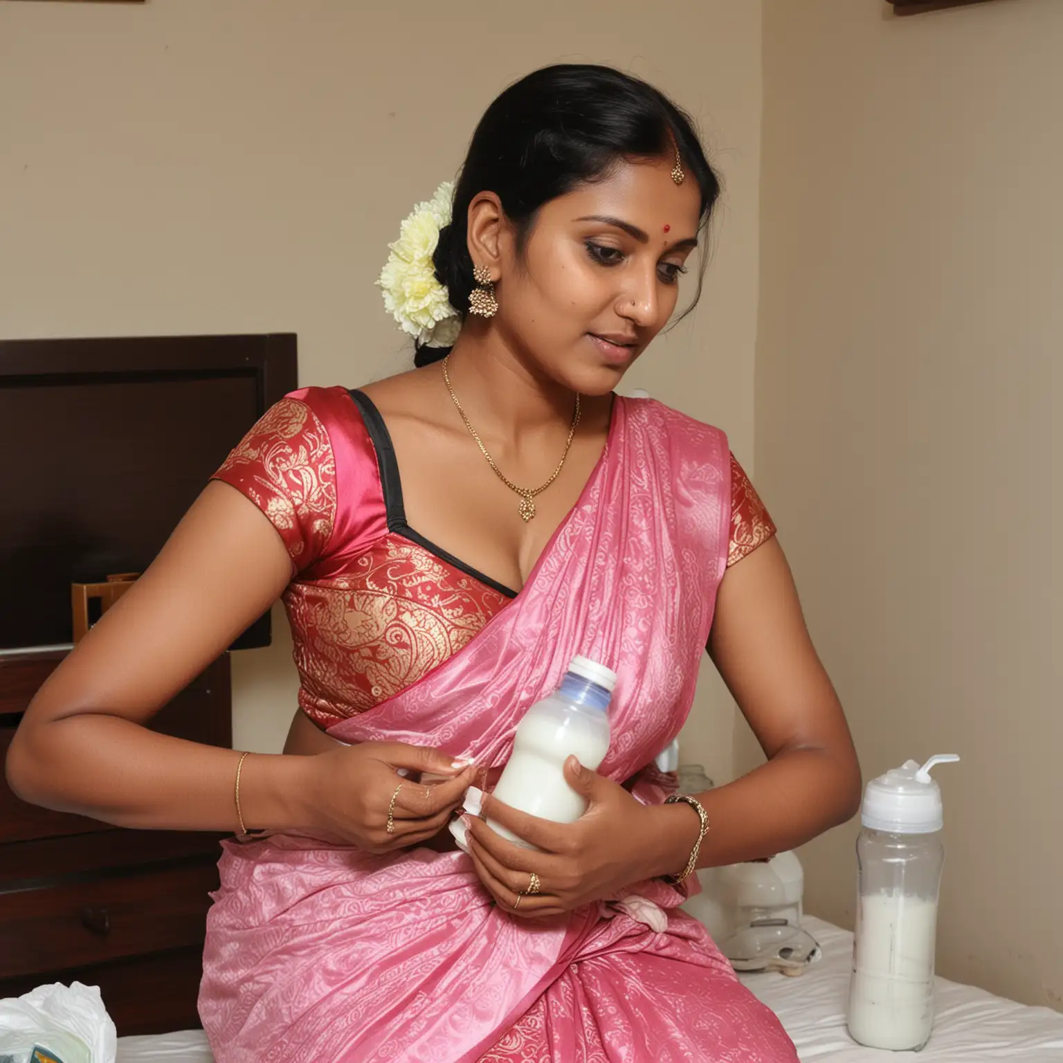 Hot sexy tamil mom in bra and saree feeding bottle milk to her children
