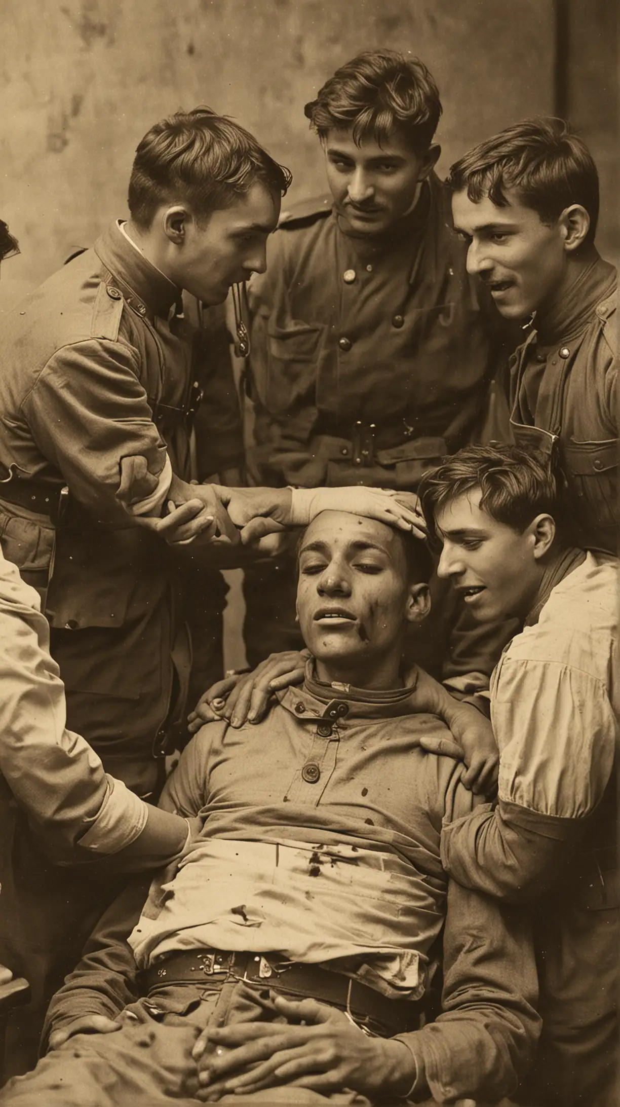 Comrades Tenderly Tending to Injured Veneslao Moguel in 1915