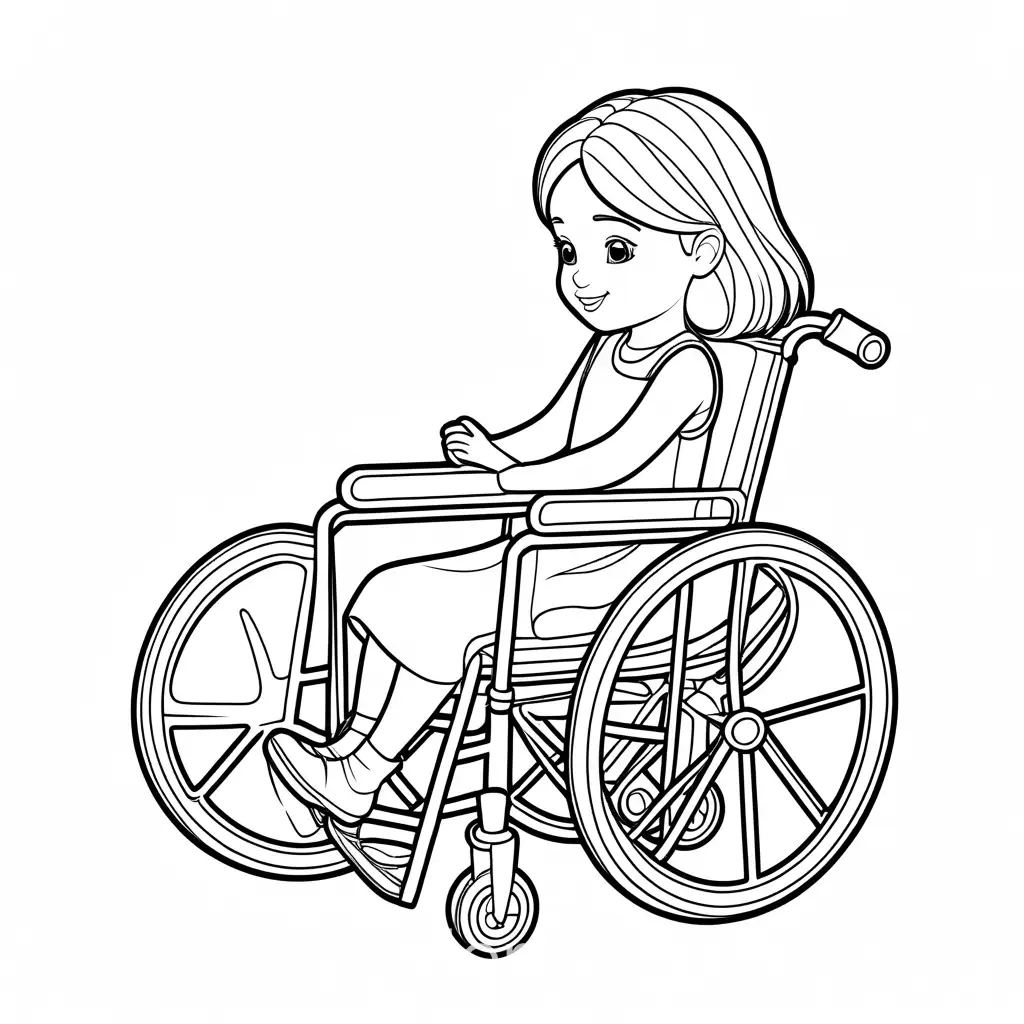 little girl with blonde hair, with a cast on her leg, sitting in a wheel chair , Coloring Page, black and white, line art, white background, Simplicity, Ample White Space. The background of the coloring page is plain white to make it easy for young children to color within the lines. The outlines of all the subjects are easy to distinguish, making it simple for kids to color without too much difficulty