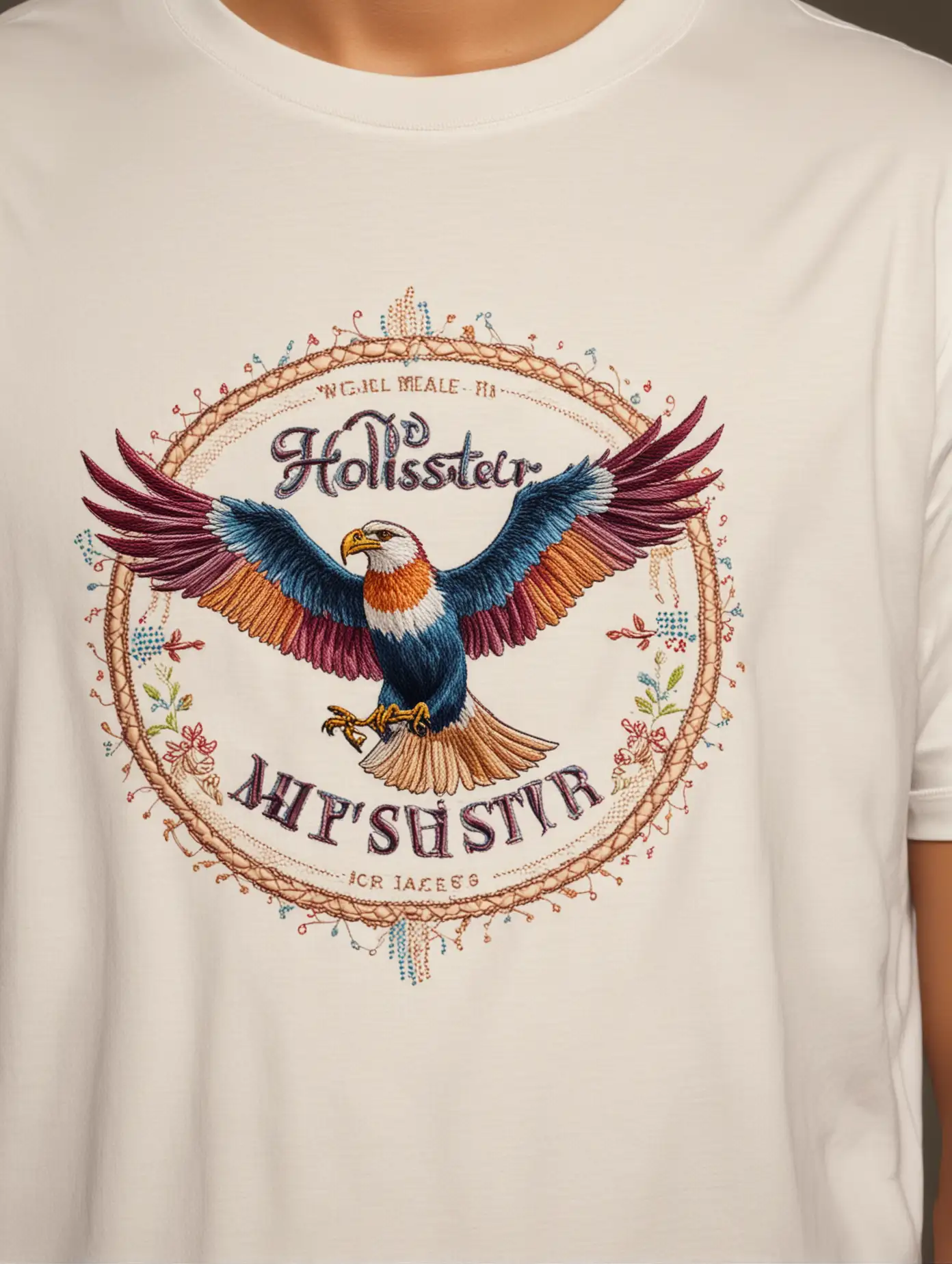 embroidery design of the Hollister Brand Logo done in outlines in the style of a western embroidery art applied to the front of a white loose-fitting tee shirt, using thread only no paint, very faded colors, full frontal view perspective