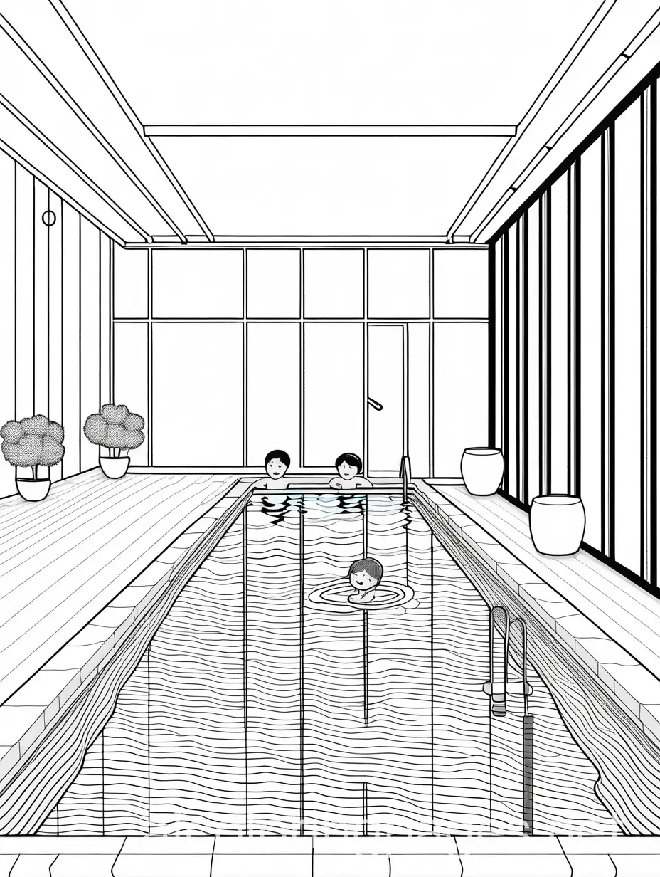 indoor pool children swimming, Coloring Page, black and white, line art, white background, Simplicity, Ample White Space.