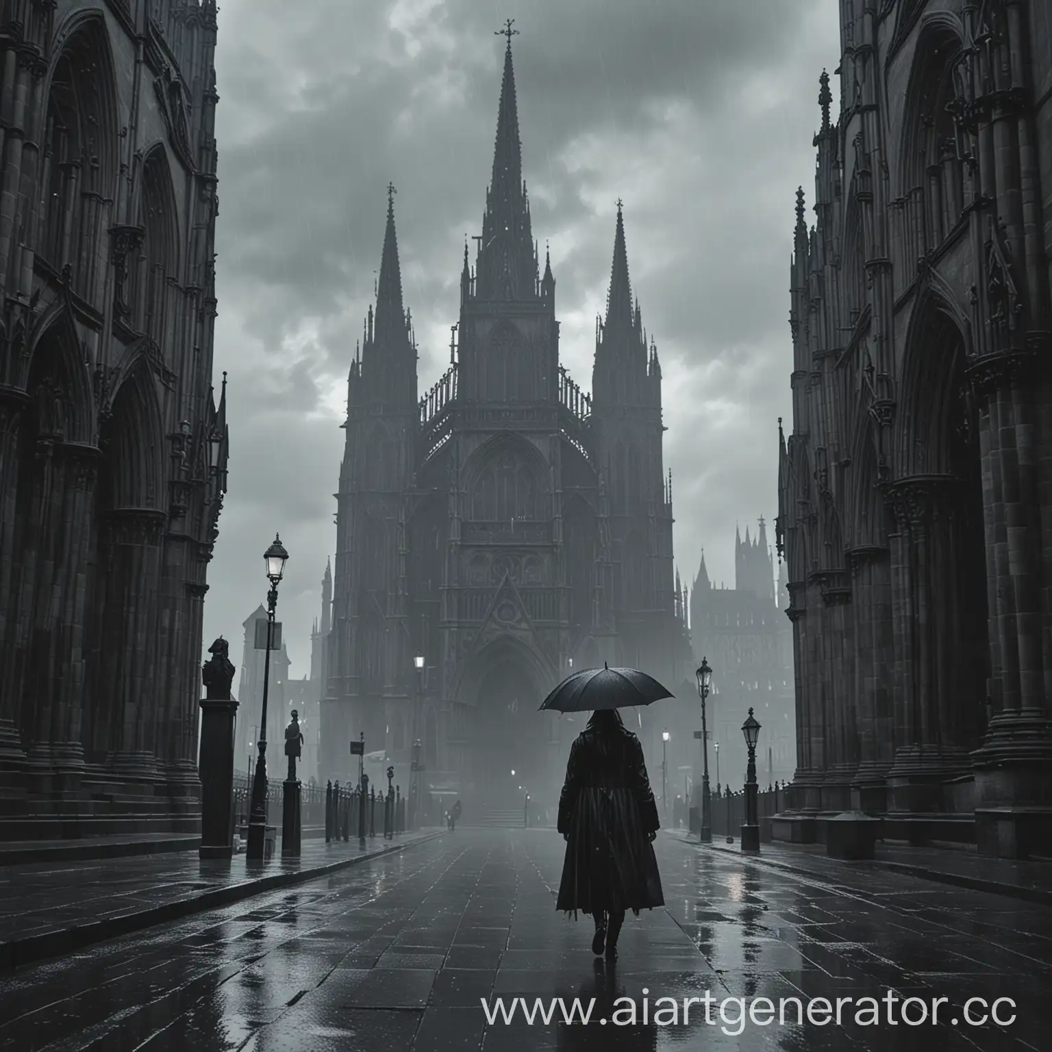 Gothic-Style-Cathedral-Figure-Walking-in-the-Rain