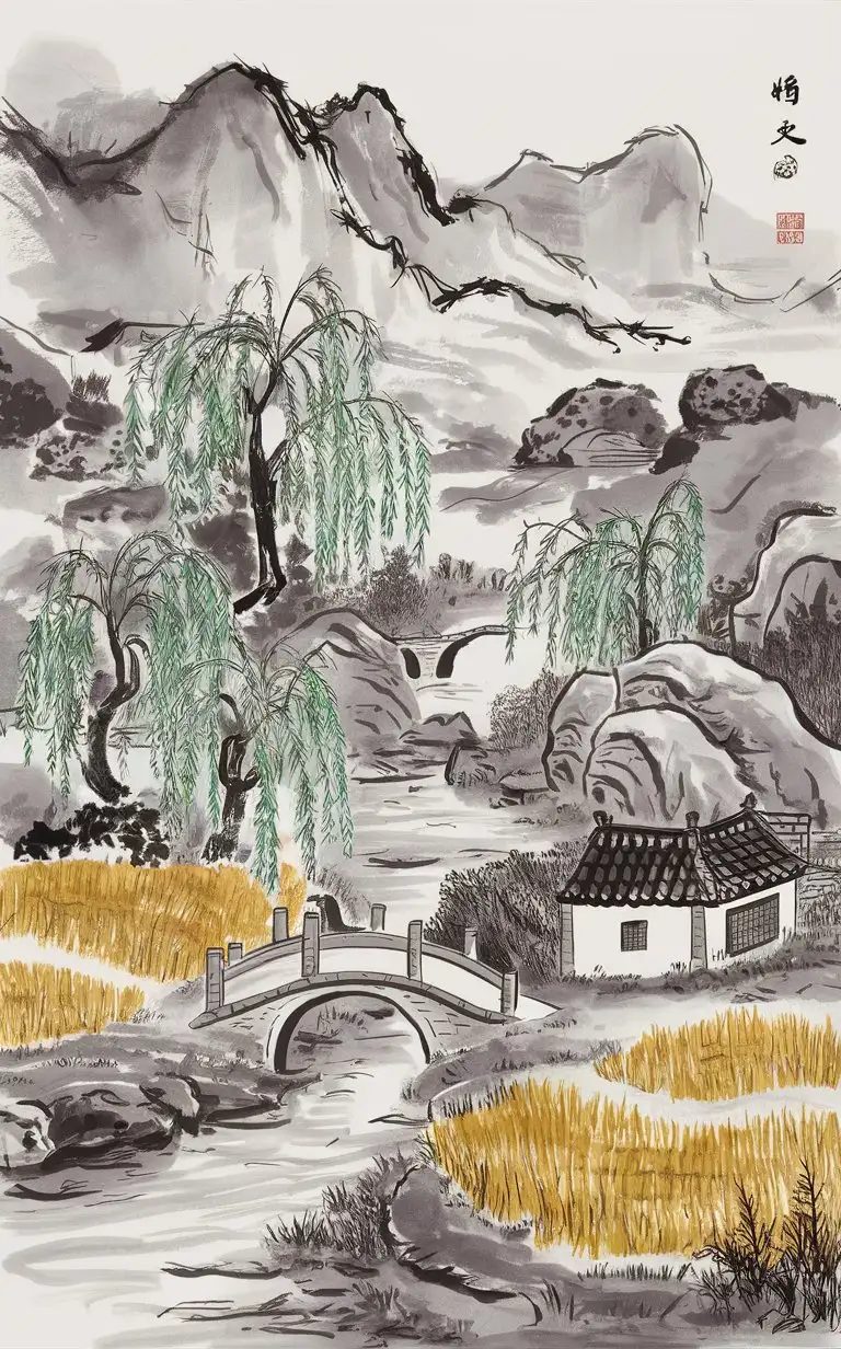 Paint a Chinese ink painting, with mountains and water, willow trees, a small bridge, rice fields, a white-walled black-tiled house inside.