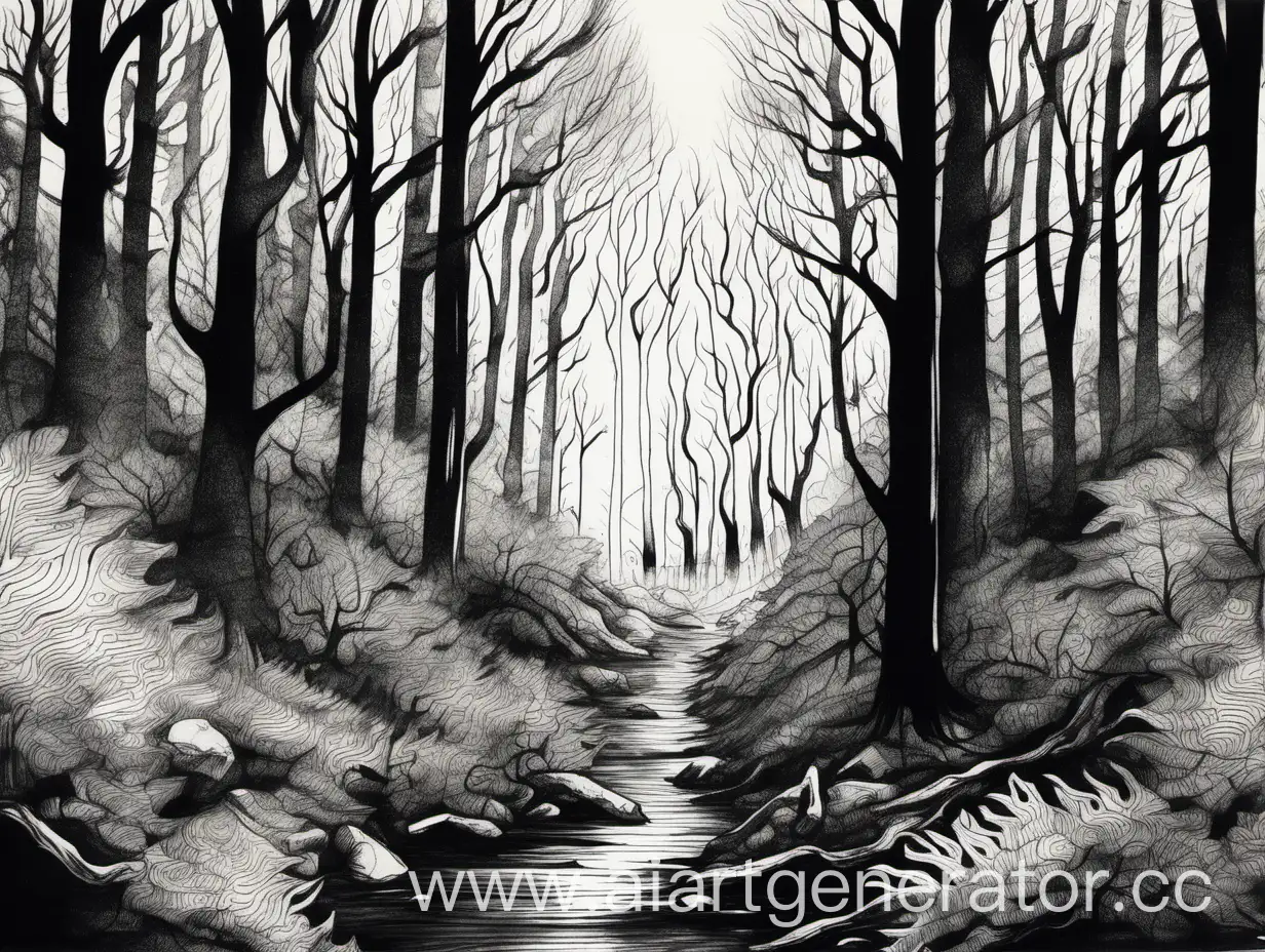 Enchanting-Forest-Scene-in-Captivating-Black-and-White-Ink