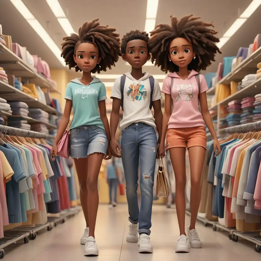 Fashionable African American Teens Shopping Spree in 3D Cartoon Style